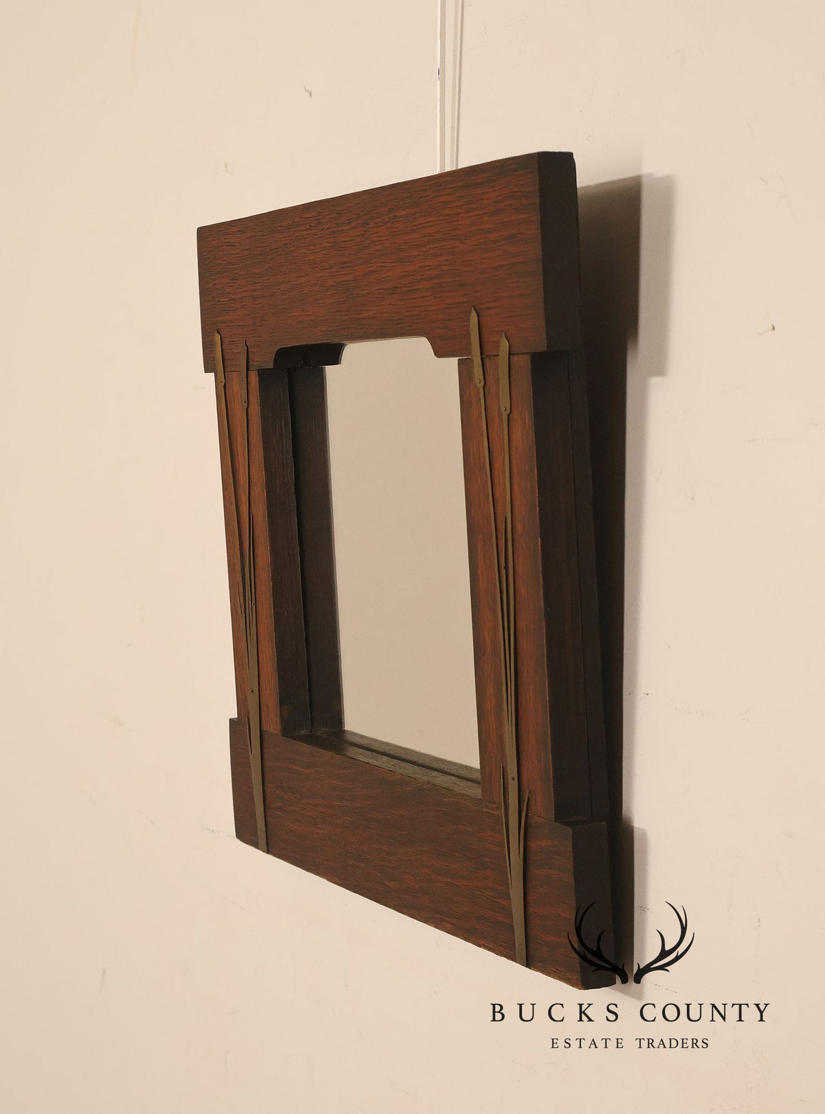 Arts And Crafts Mission Oak Mirror With Brass Cattail Decorative Mounts