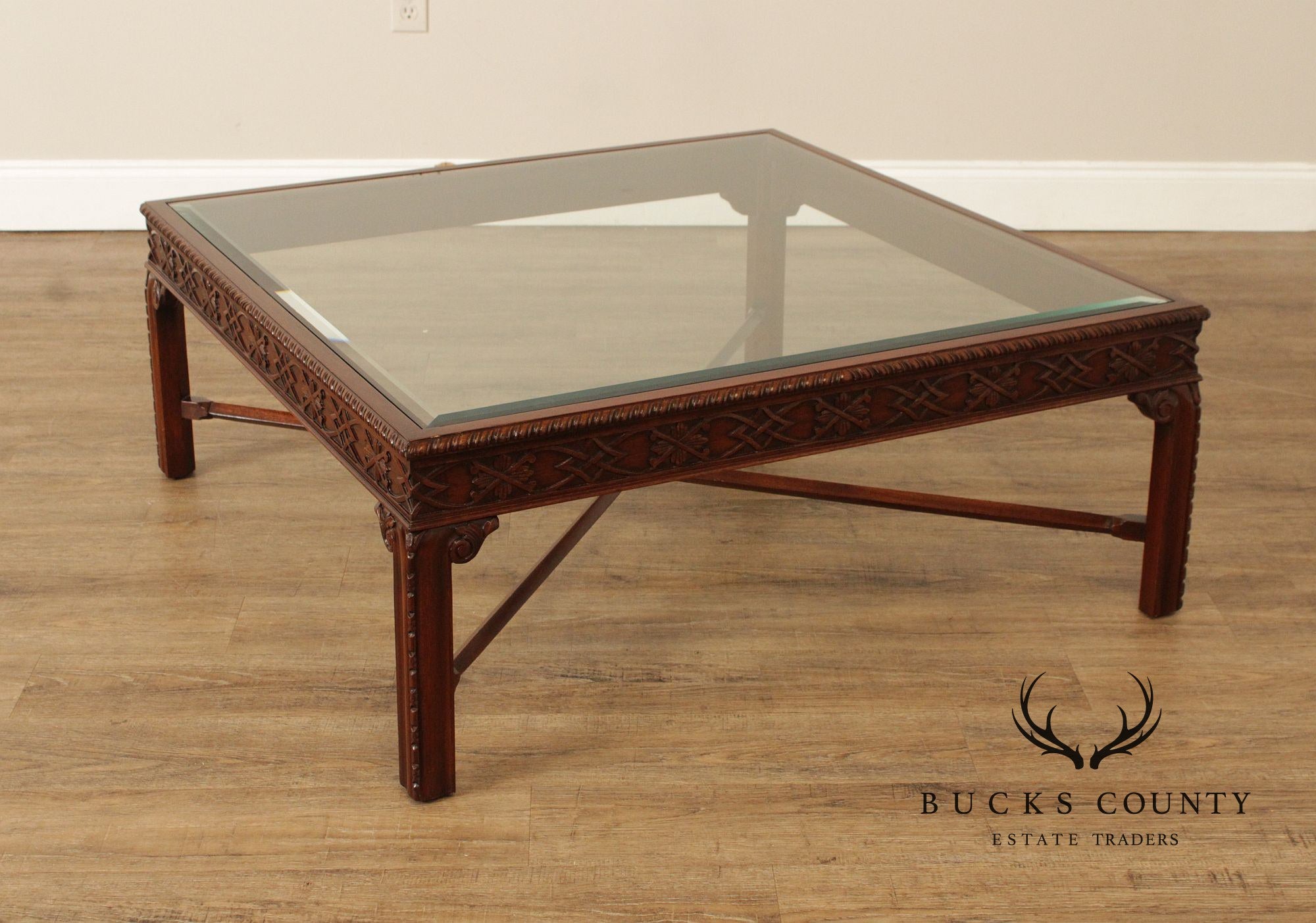 Chinese Chippendale Style Square Glass Top Coffee Table