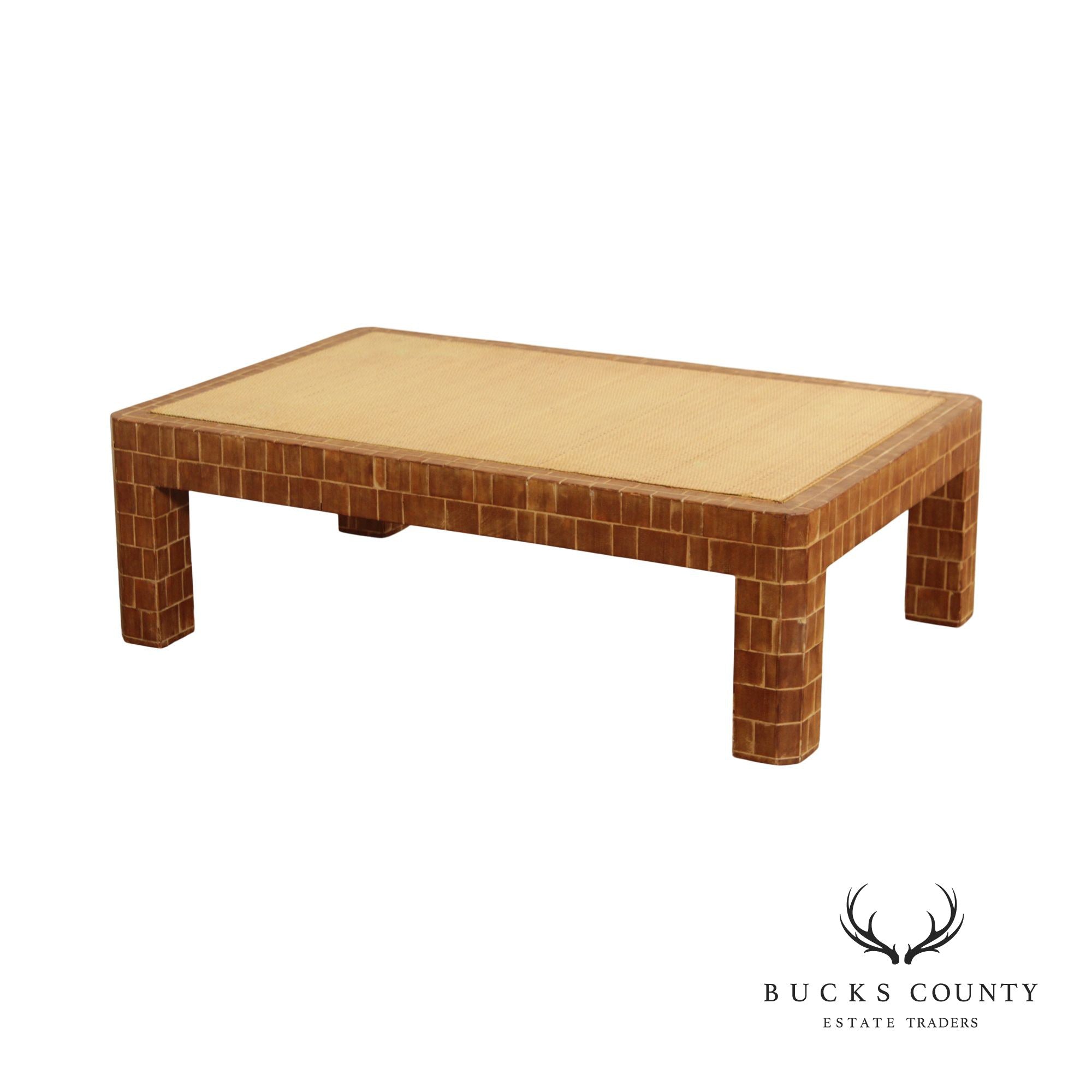 Mid Century Modern Wooden Block Carved Tile Parsons Coffee Table with Wicker Top