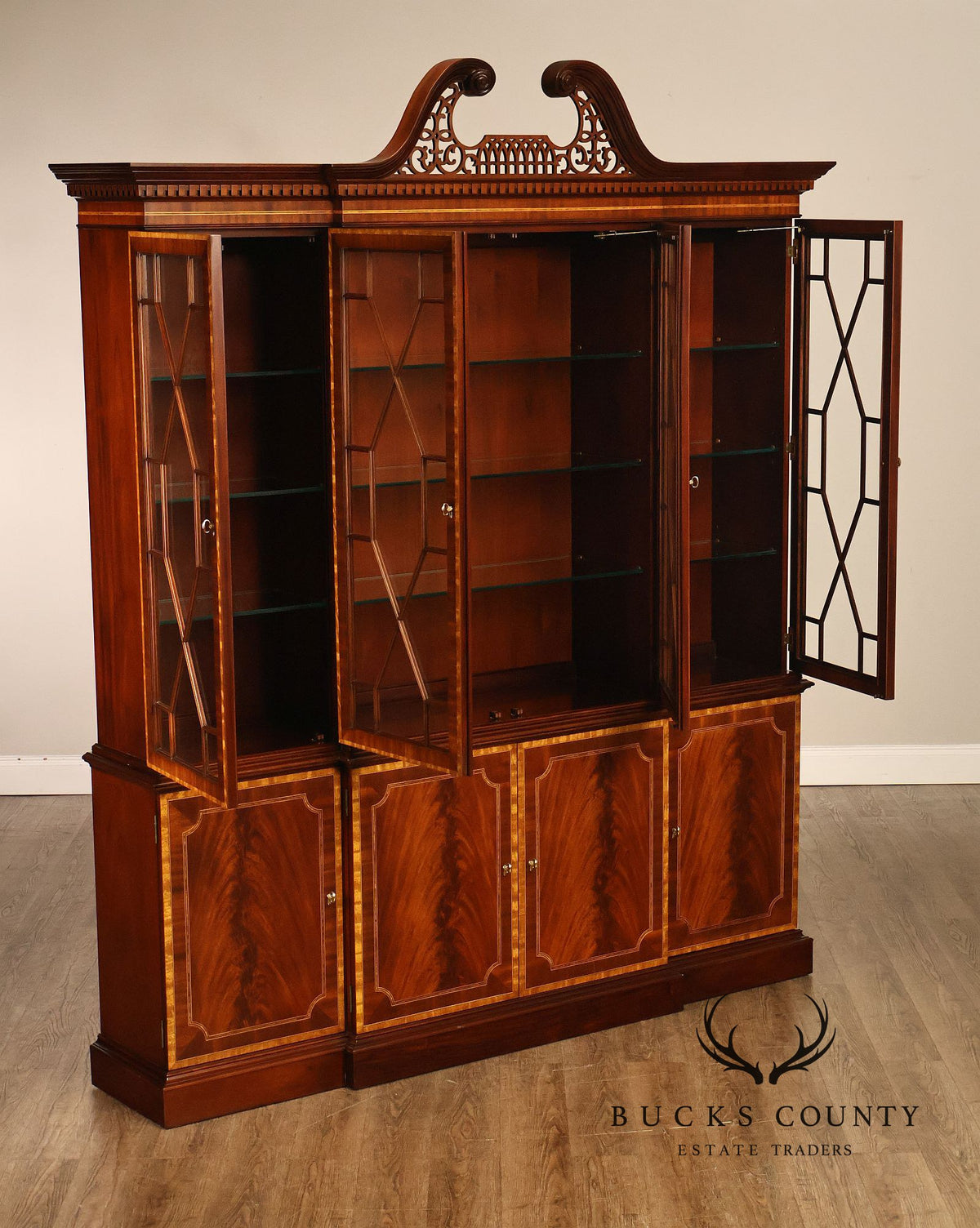 Councill Georgian Style Banded Mahogany Breakfront Bookcase