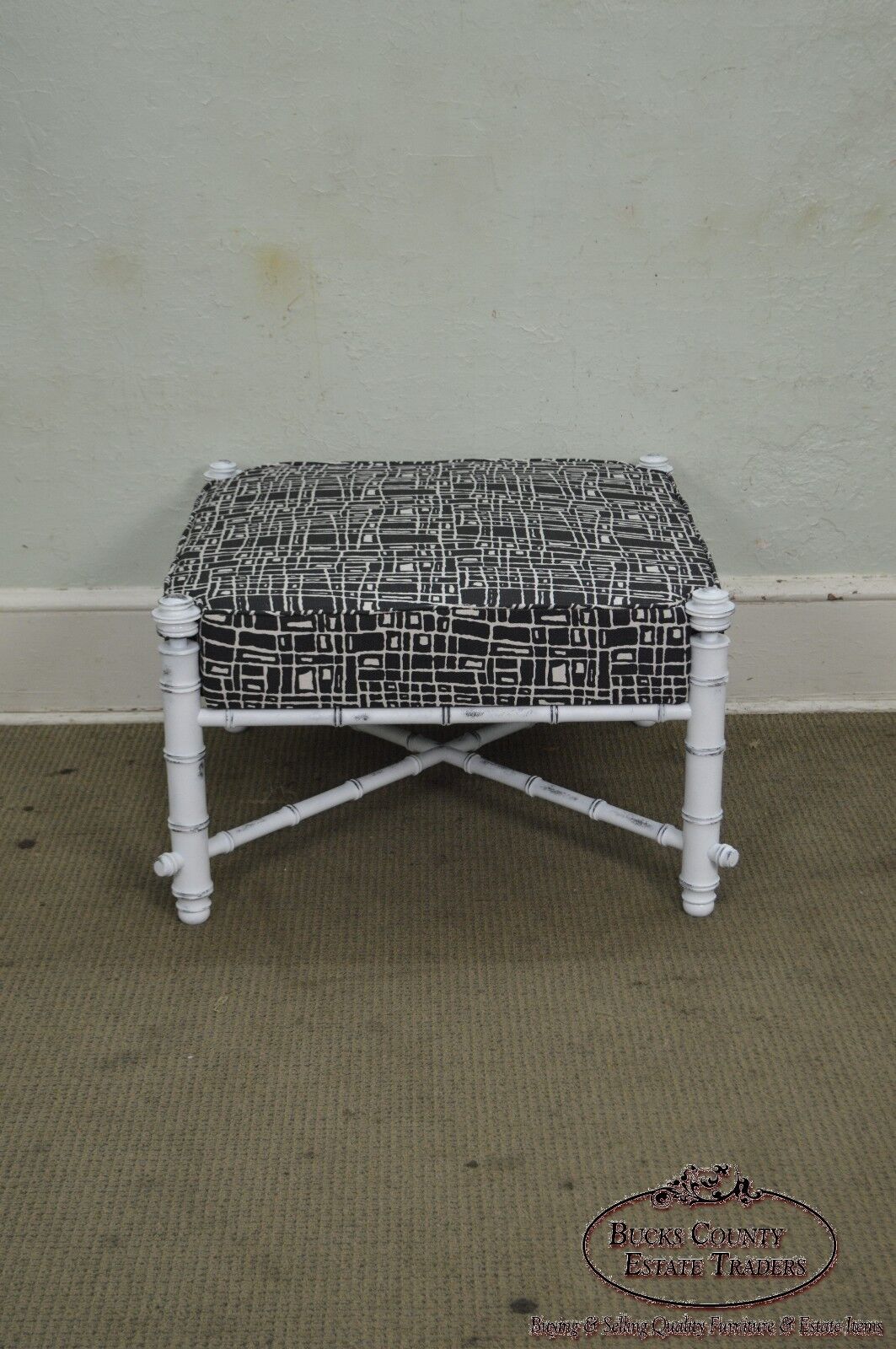 Custom Painted Faux Bamboo Large Square Upholstered Ottoman