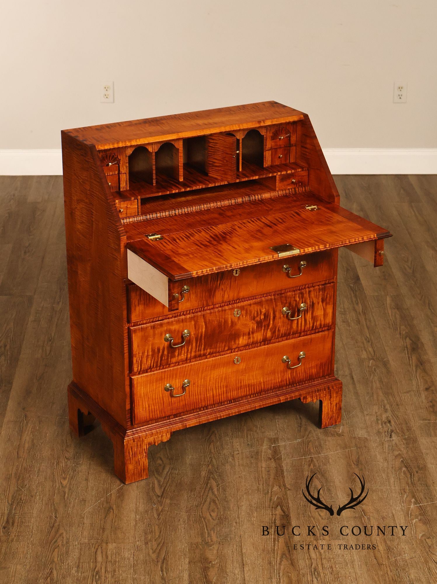 Custom Tiger Maple Slant Drop Front Secretary Desk