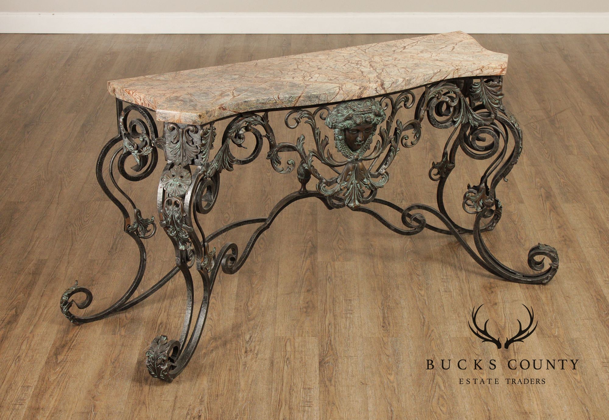 Maitland Smith Italian Rococo Style Scrolled Iron And Bronze Marble Top Console Table