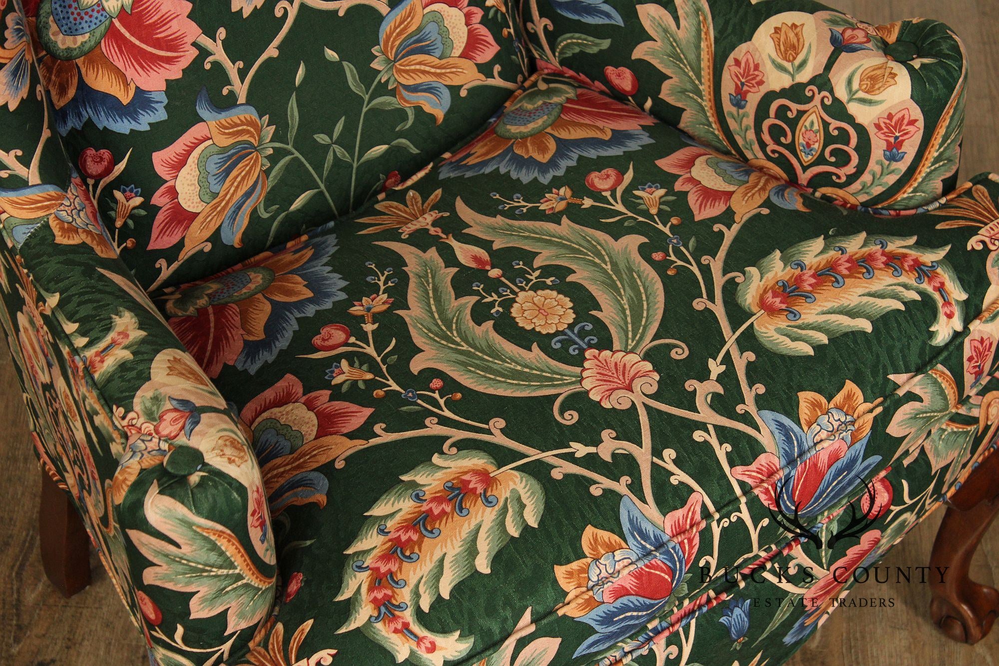 Ethan Allen Floral Upholstered Chippendale Style Wingback Chair