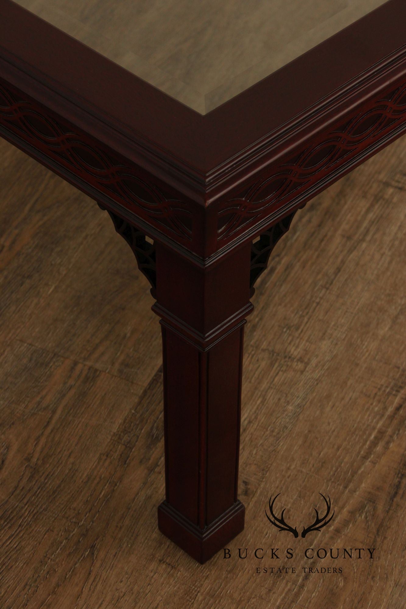 Kindel Chinese Chippendale Style Glass Top Mahogany Coffee Table