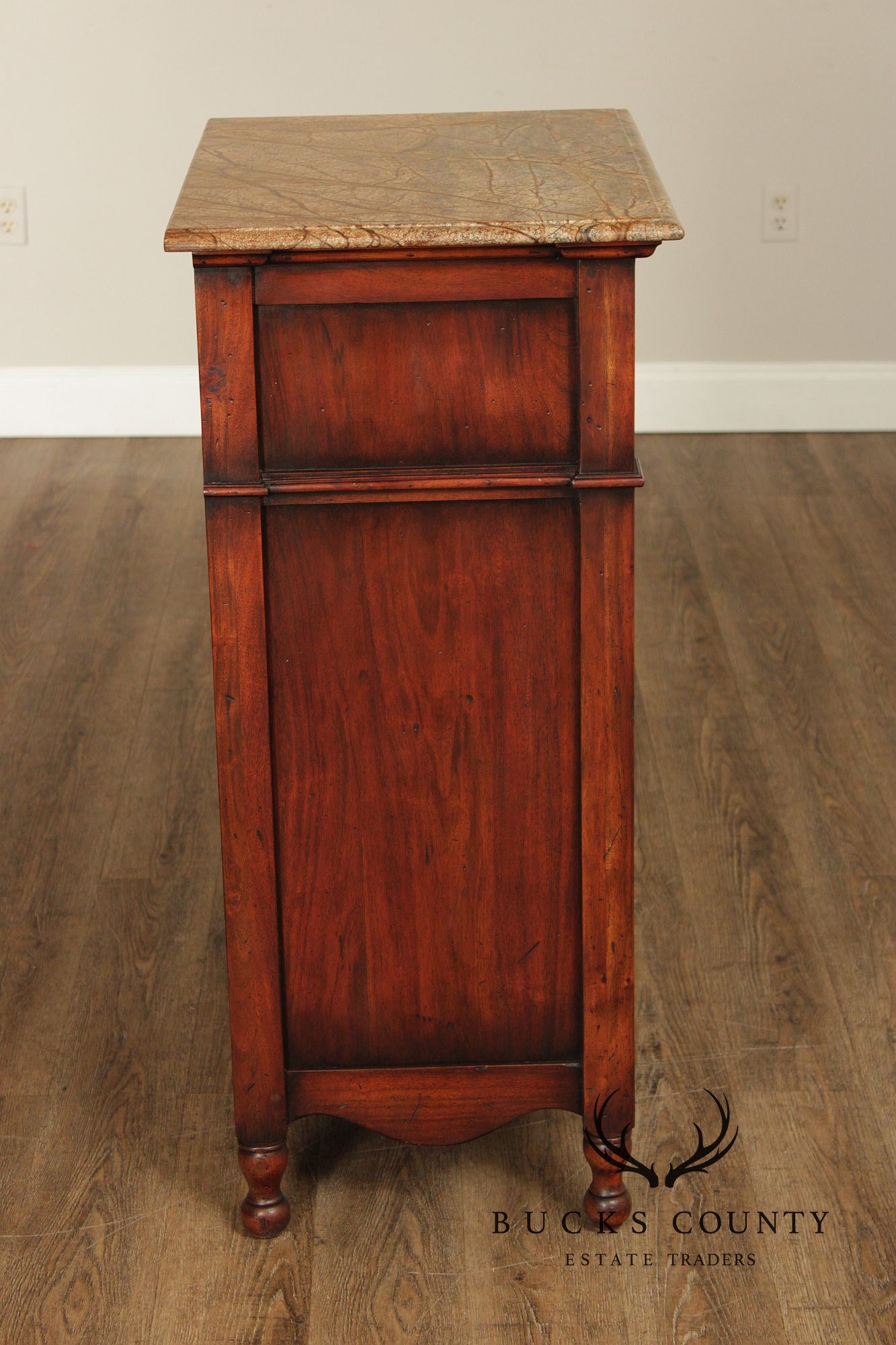 French Country Style Marble Top Wine Rack Cabinet With Drawer, Cherry Finish