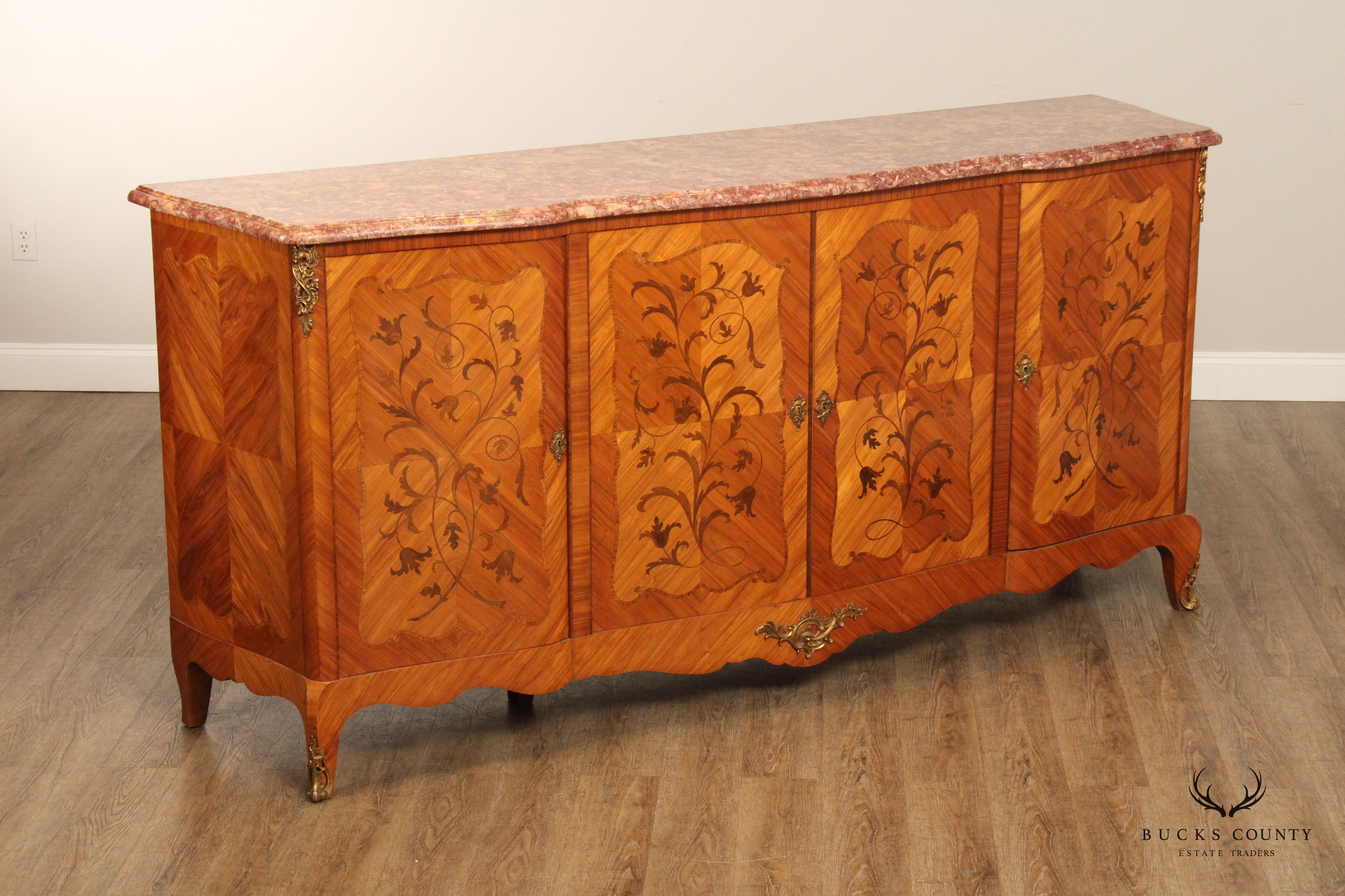 French Louis XV Style Antique Marble Top Marquetry Inlaid Long Sideboard