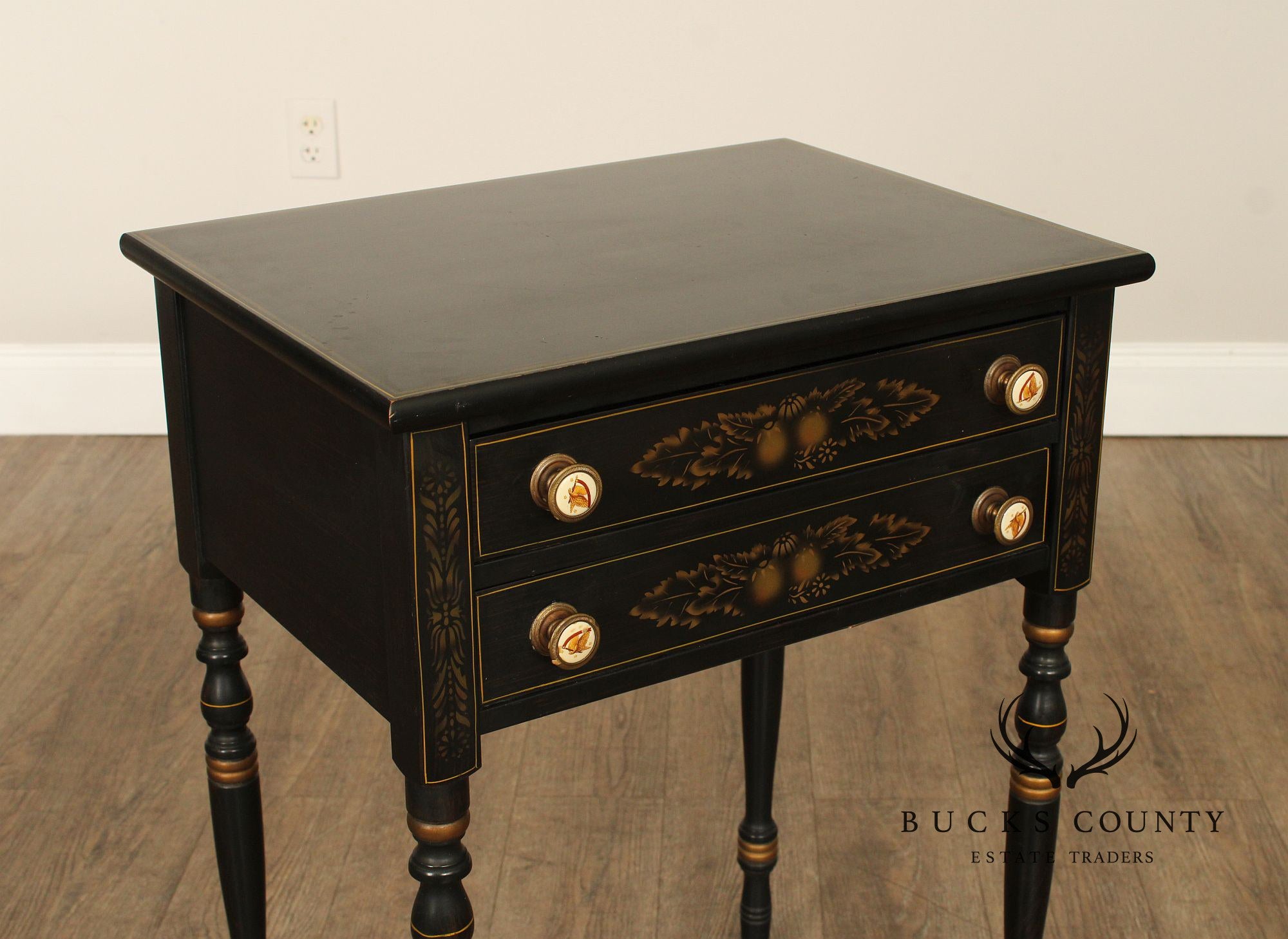 L. Hitchcock Vintage Black and Gilt Painted Two-Drawer Nightstand