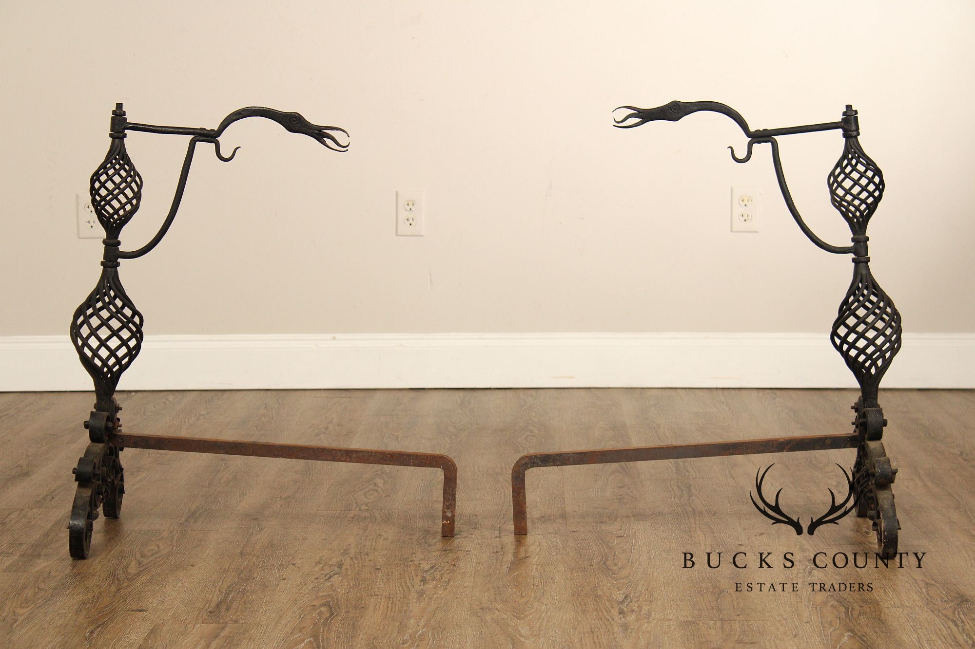 Arts & Crafts Pair of Scrolling Wrought Iron Andirons