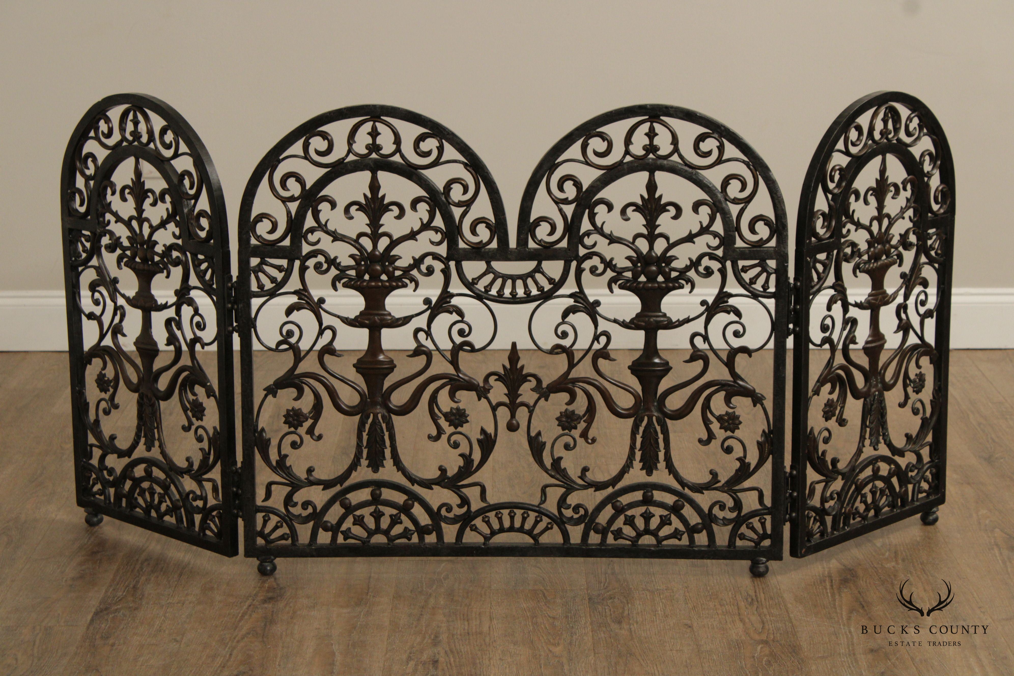 Quality Ornate Iron And Bronze Three Panel Fire Screen