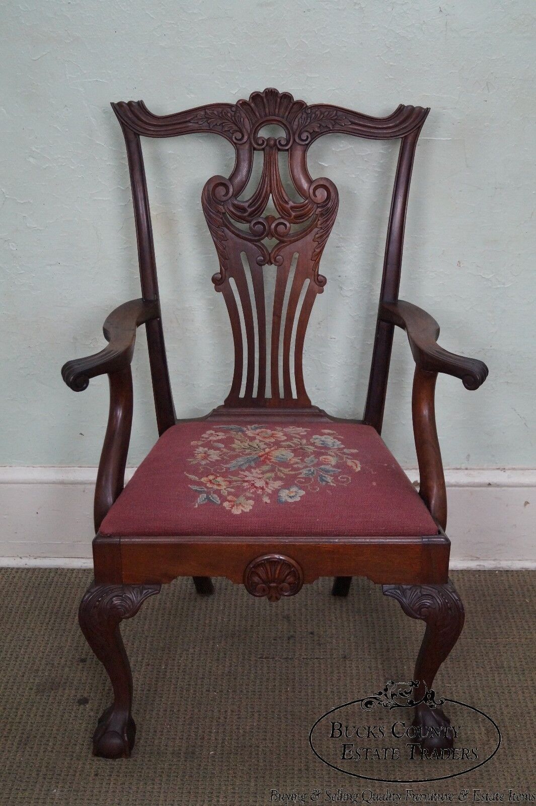 Antique 19th Century Centennial Carved Mahogany Chippendale Style Arm Chair