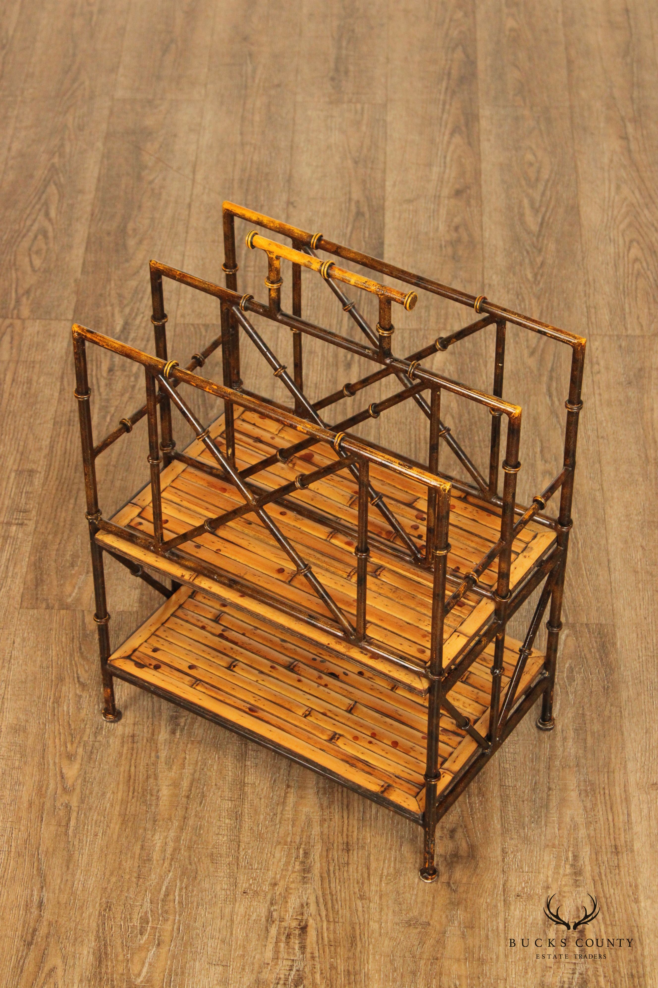 Hollywood Regency Iron and Bamboo Magazine Rack Bookshelf