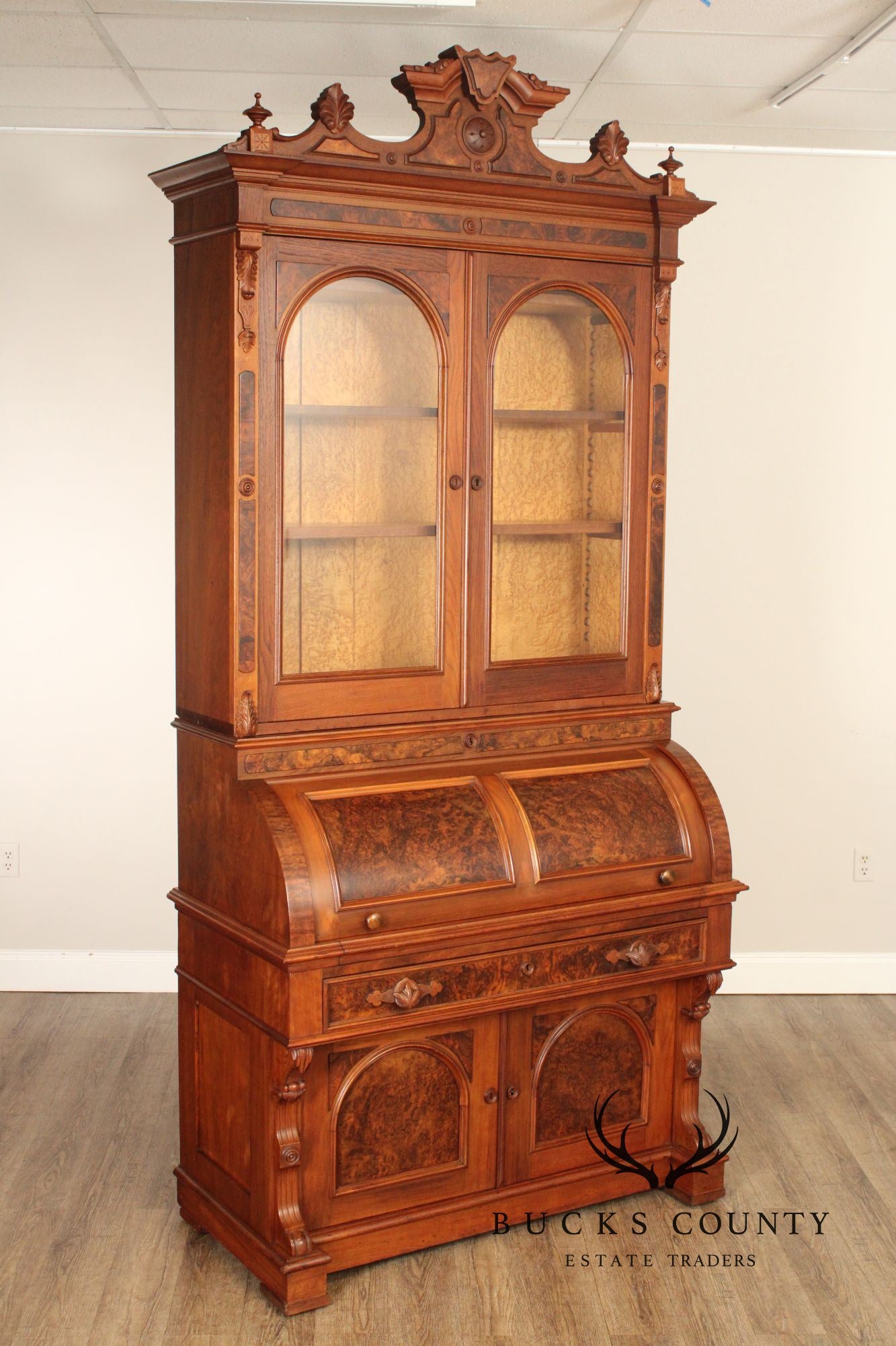 Antique American Renaissance Revival Walnut Secretary Cylinder Desk