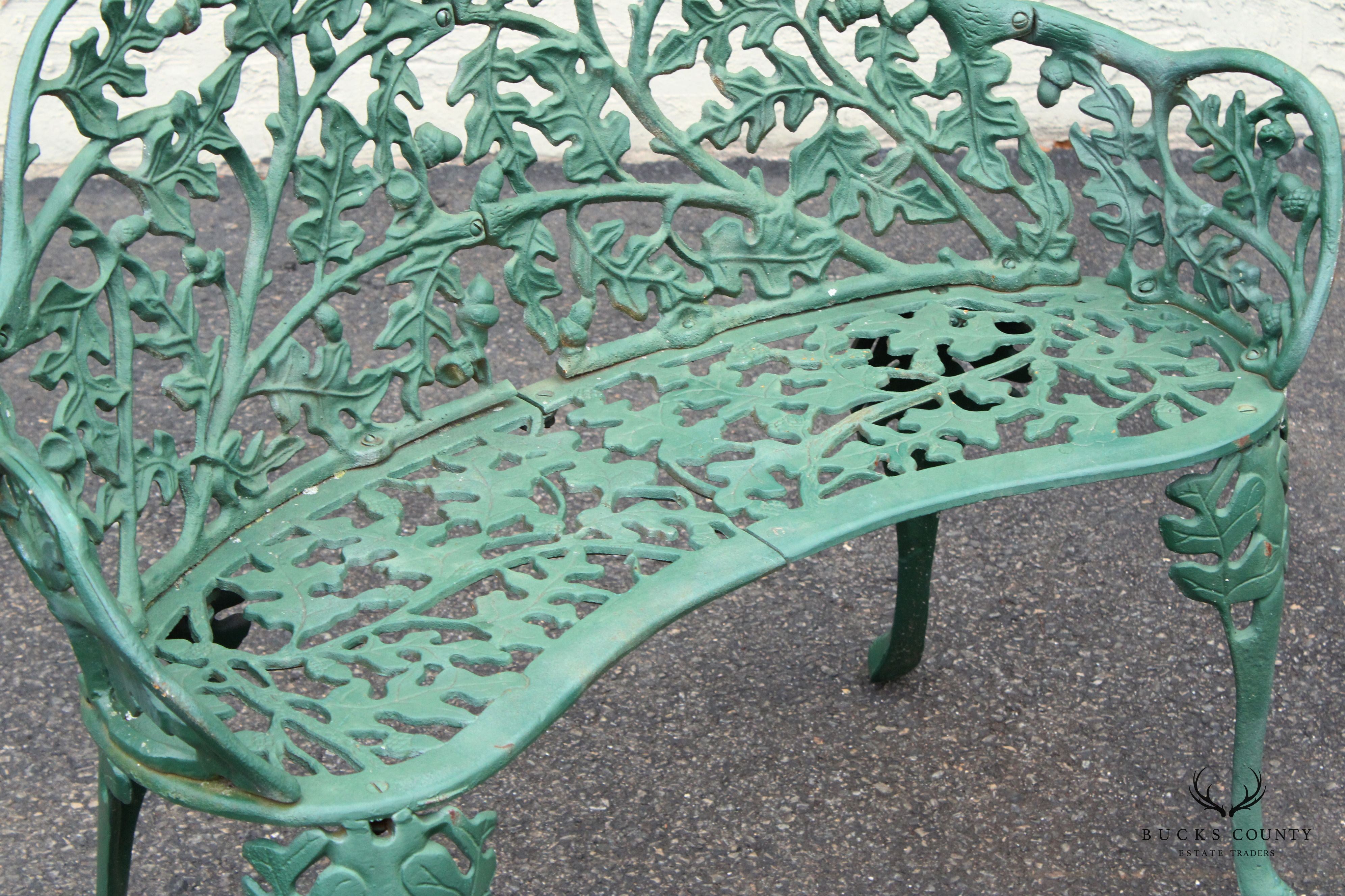 English Traditional Cast Iron Oak and Acorn Outdoor Garden Bench