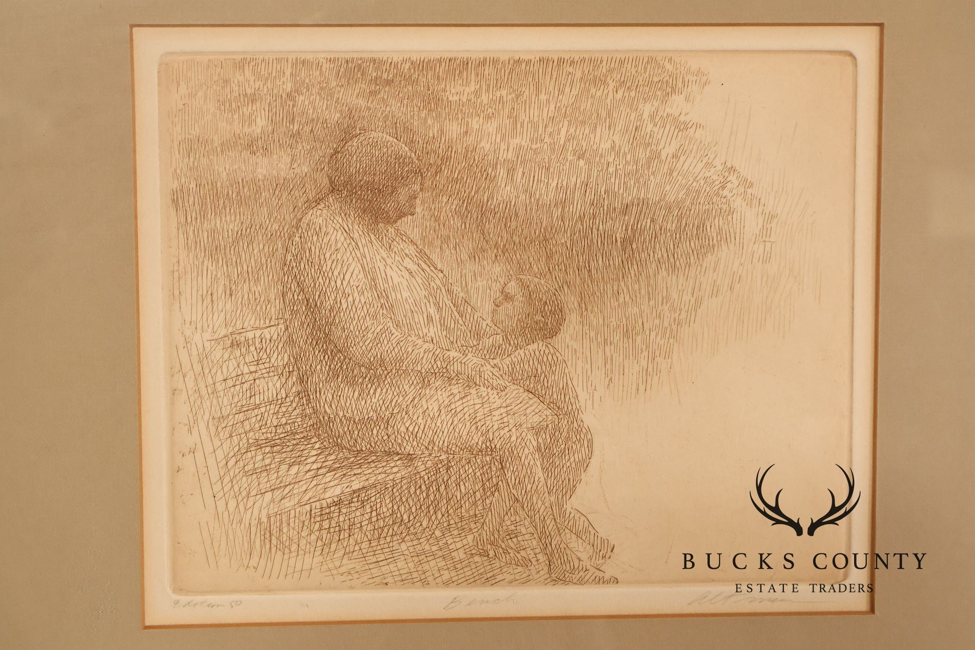 Harold Altman Framed Etching, 'Bench'