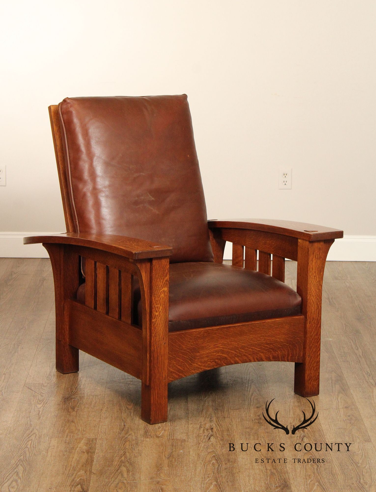 Stickley Mission Collection Oak and Leather Bow Arm Morris Chair