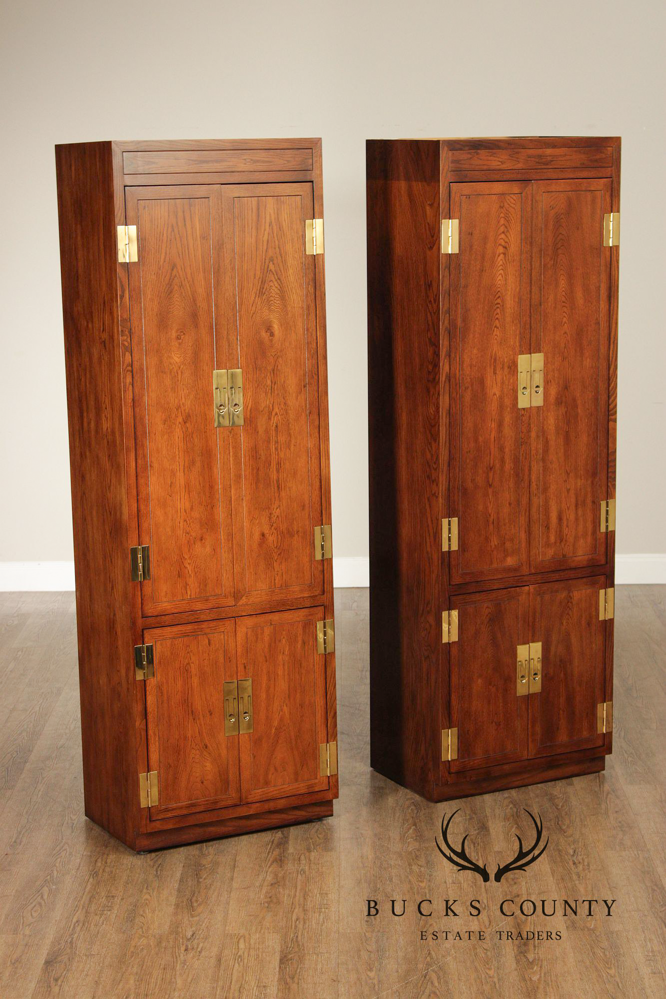 Henredon 'Scene One' Pair of Campaign Style Bedroom Armoire Cabinets