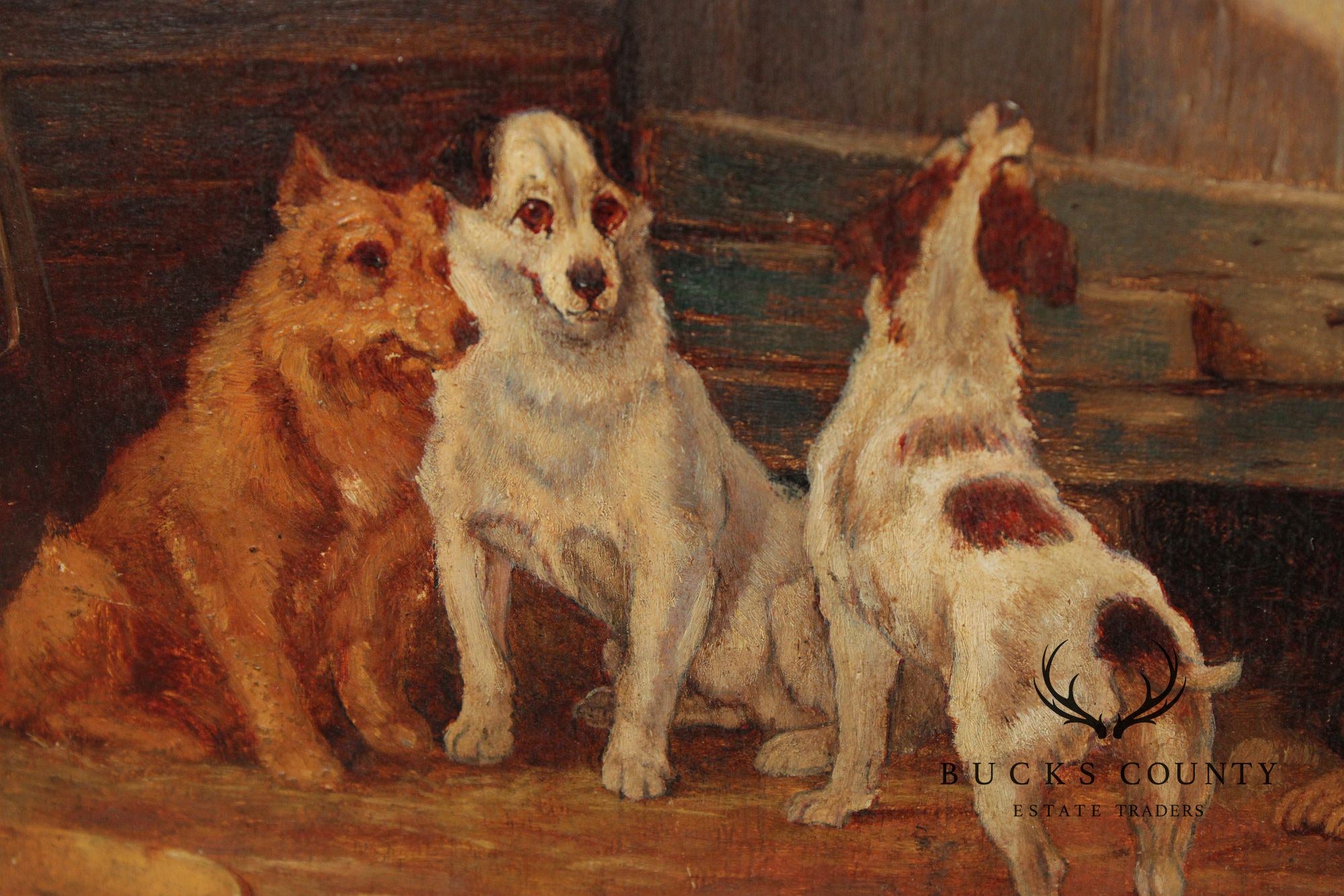 English School Painting on Board, Farm Dogs