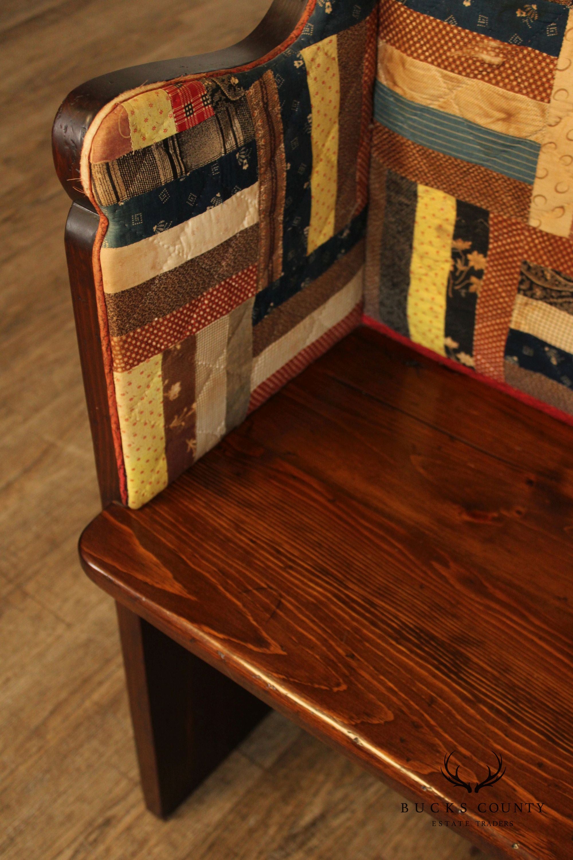 Antique American Quilted Back Pine Settle Bench
