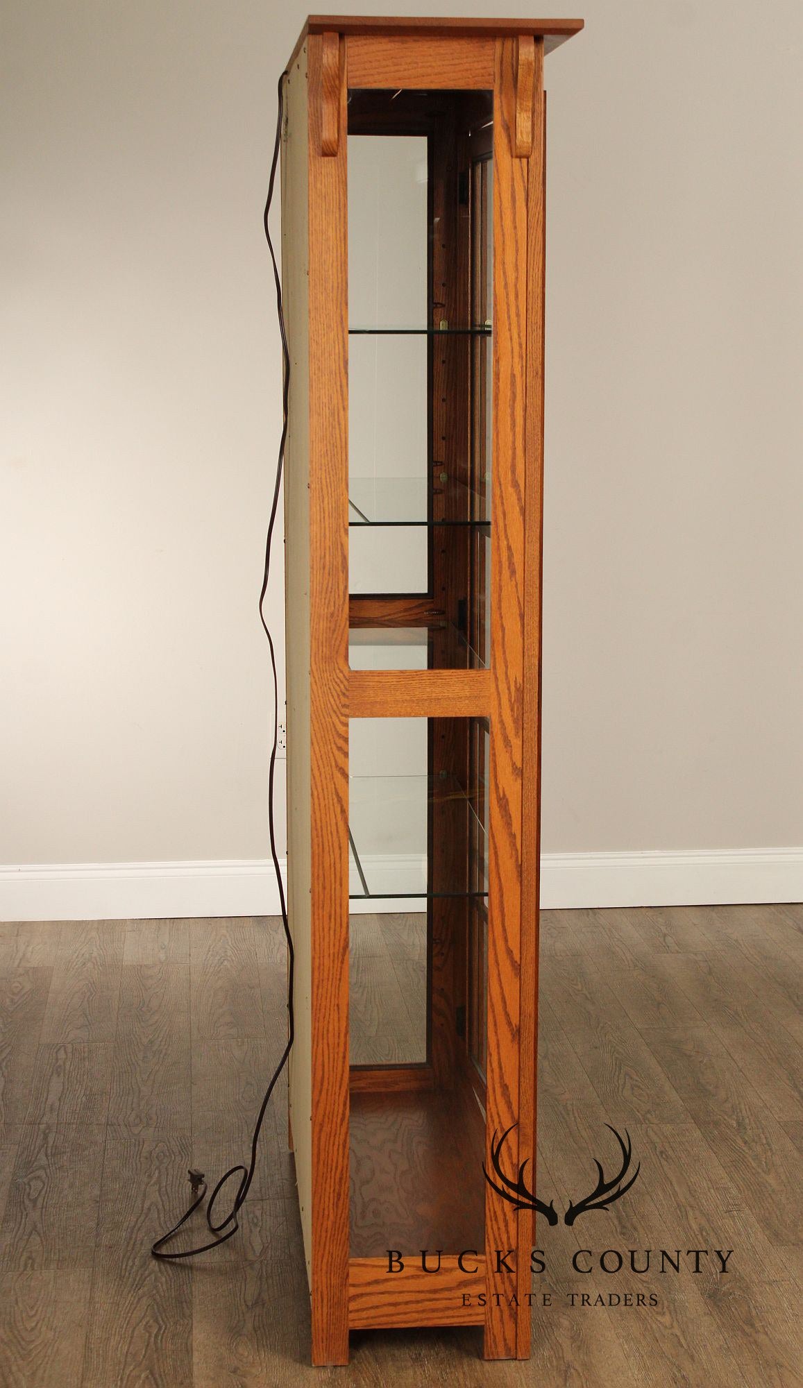 Mission Style Pair of Glass Door Oak Display Curio Cabinets