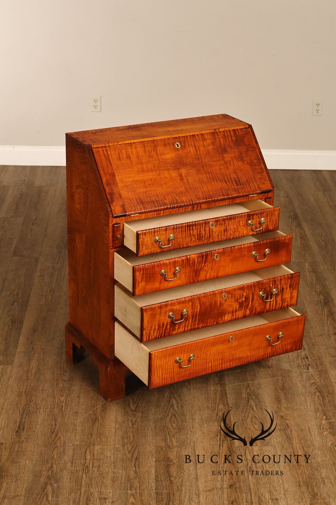 Custom Tiger Maple Slant Drop Front Secretary Desk