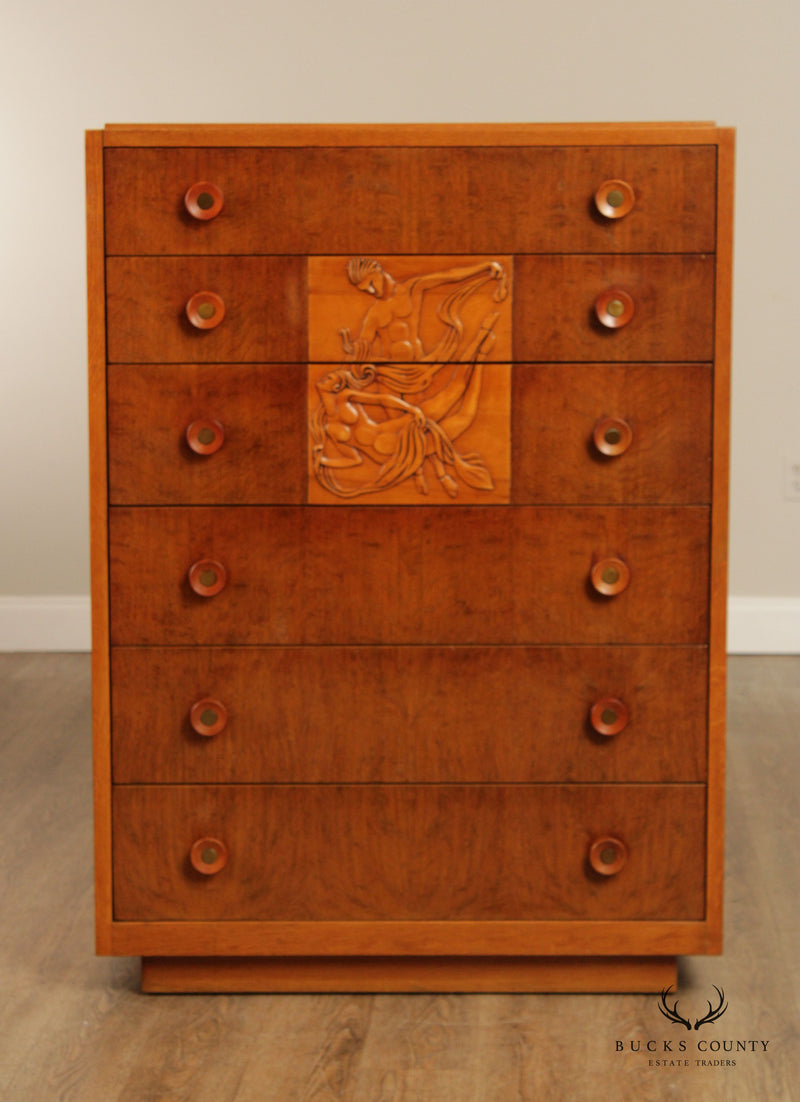 Grand Rapids  Art Deco Figural Carved Tall Chest of Drawers