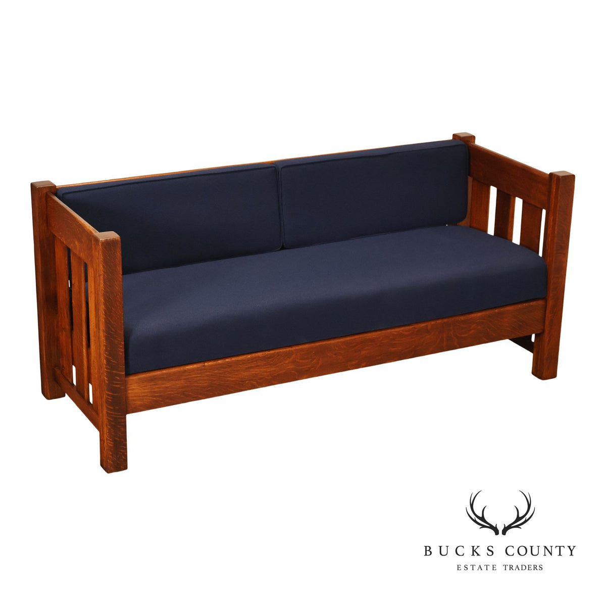 Phoenix Mission Style Quarter Sawn Oak Plank Sofa With Blue Cushions