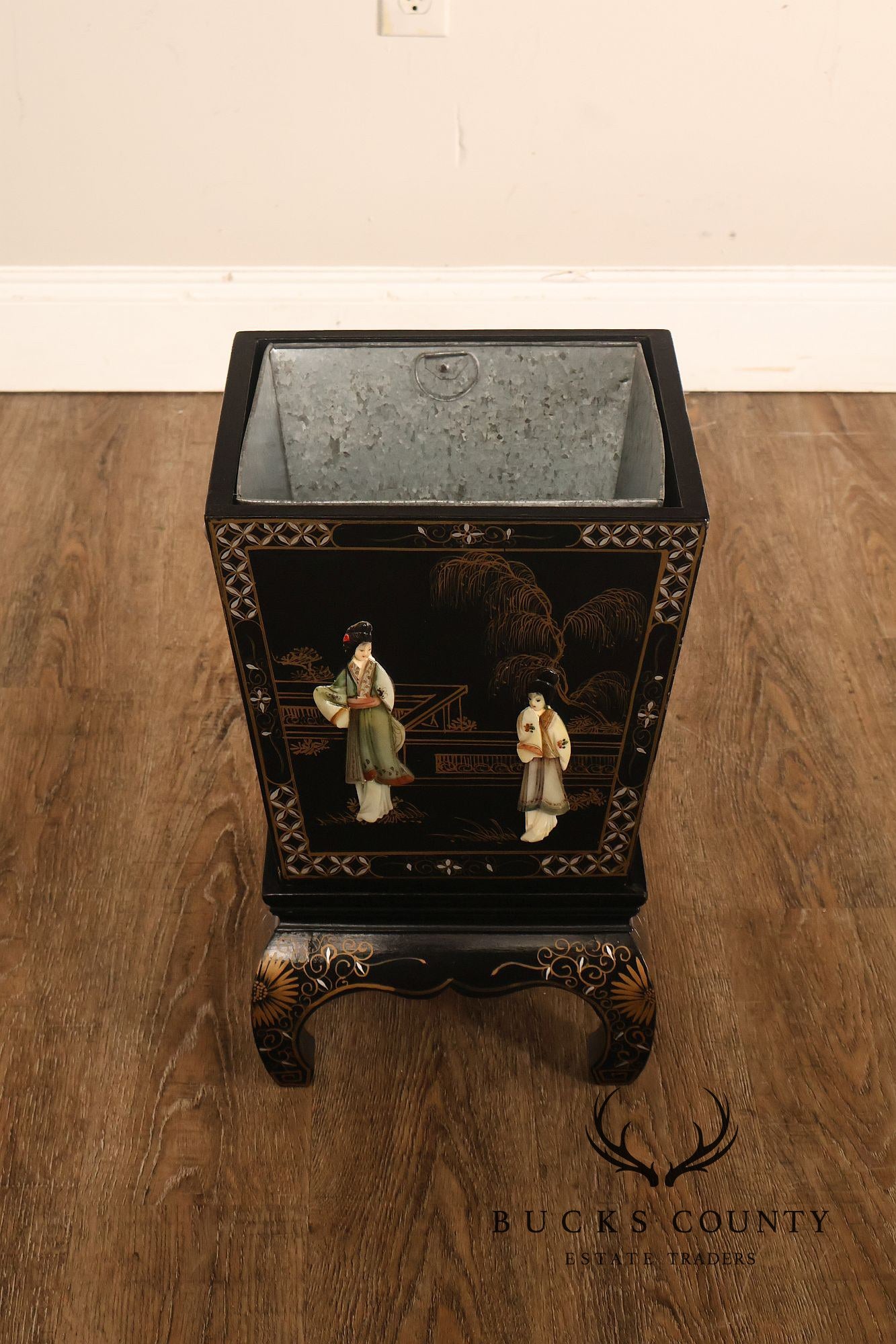 Chinese Black Lacquer Mother Of Pearl Inlaid Figural Planter On Matching Stand