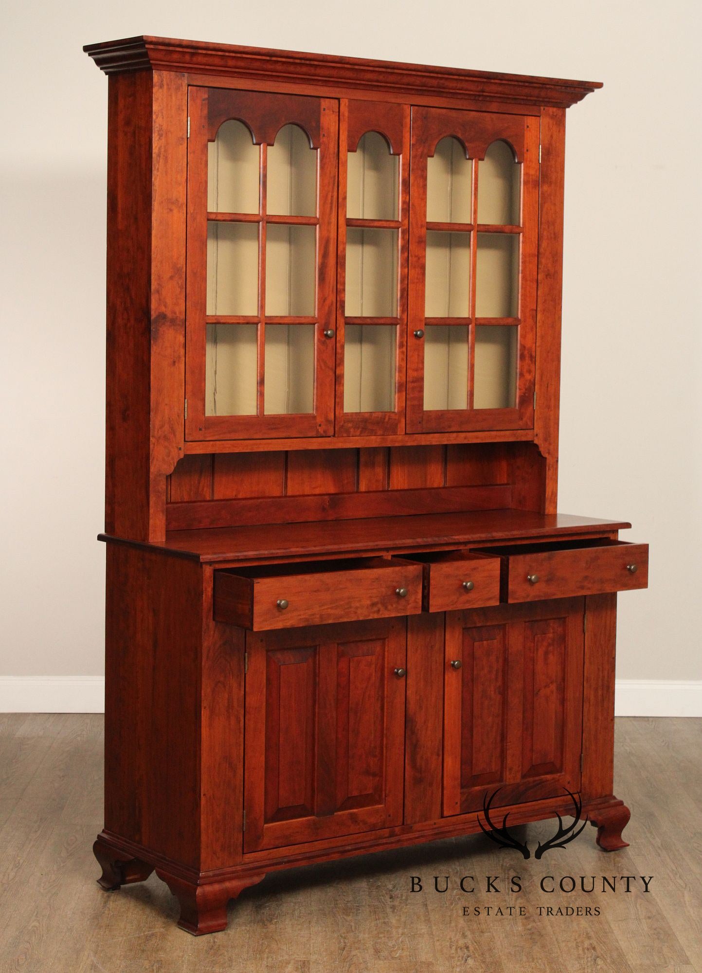 TWO PIECE BENCH-MADE CHERRY DISH CUPBOARD