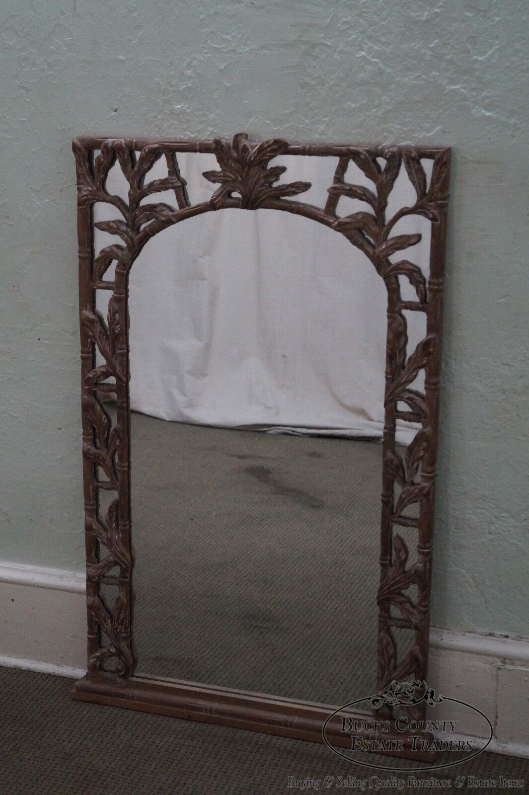 Vintage Faux Bamboo & Leaf Carved Wall Mirror