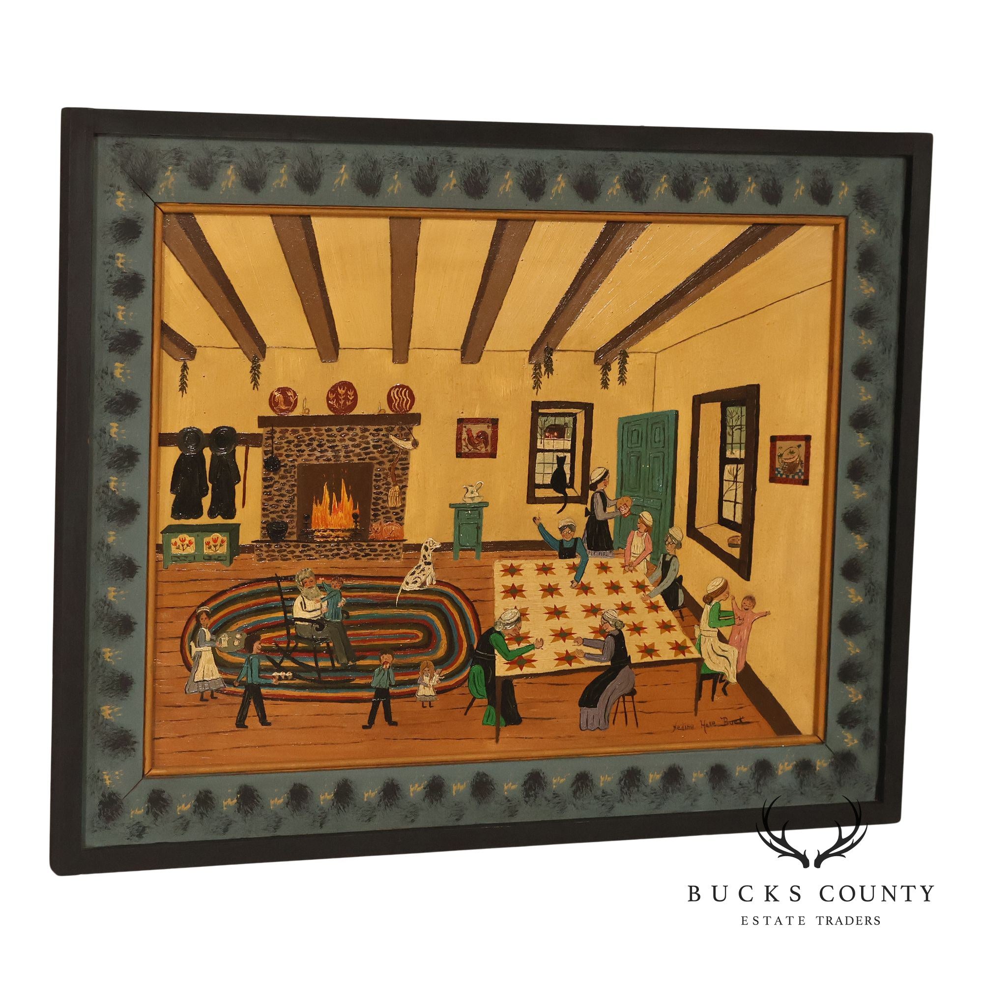 Nadine Hake Buck Folk Art Painting, Home Scene