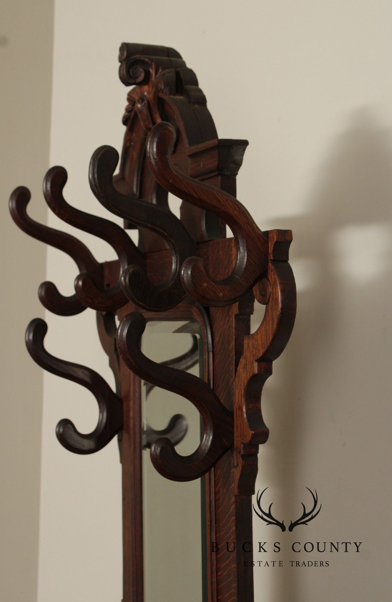 Antique Victorian Carved Oak Hall Tree With Mirror