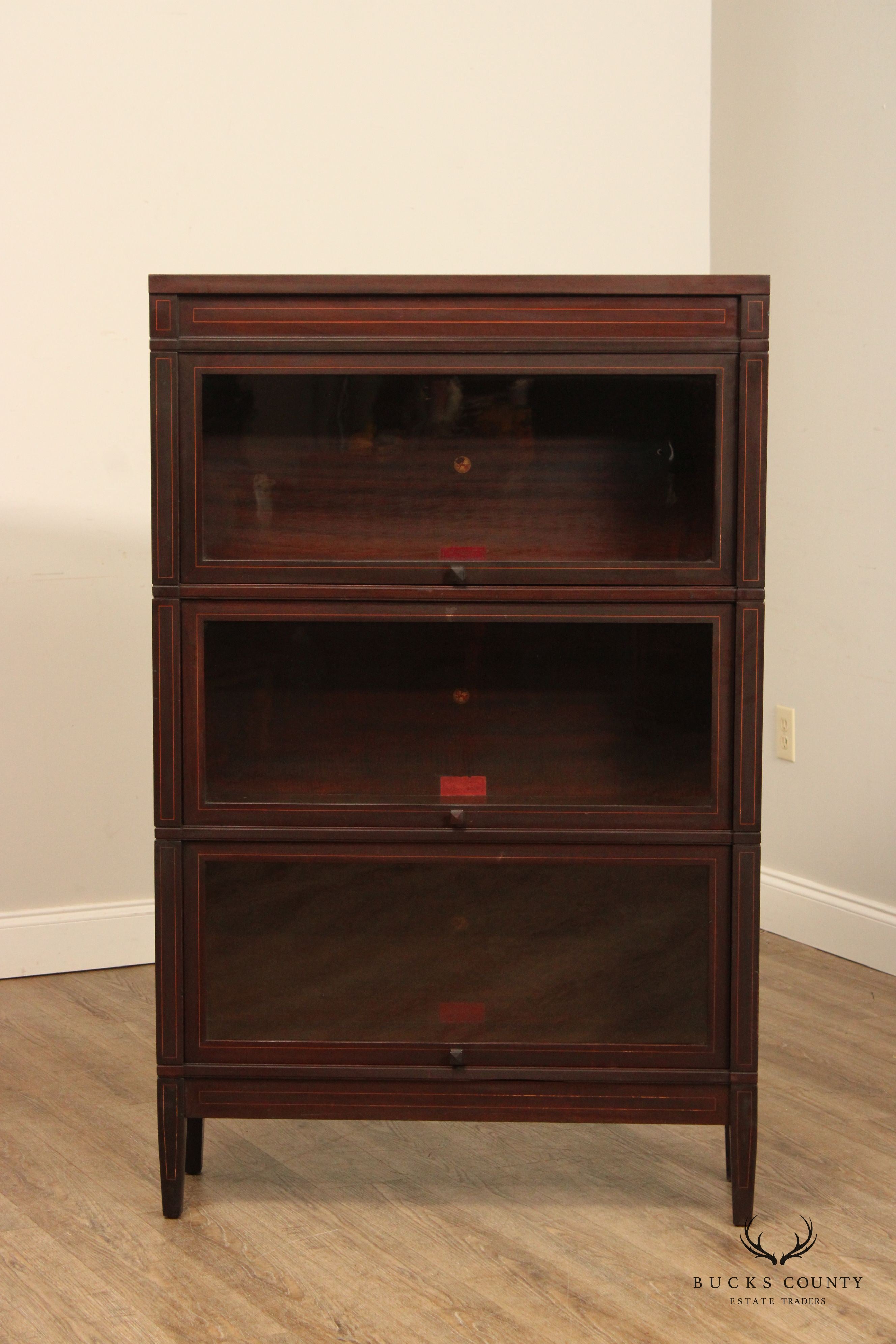 Globe Wernicke Antique Sheraton Style Three Stack Inlaid Mahogany Barrister Bookcase