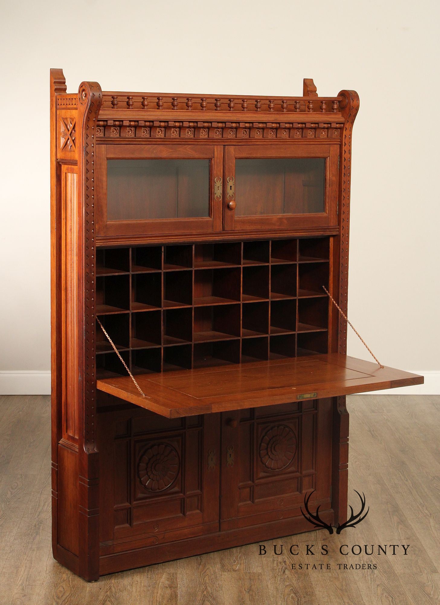 Antique Victorian Aesthetic Carved Walnut Drop Front Writing Desk