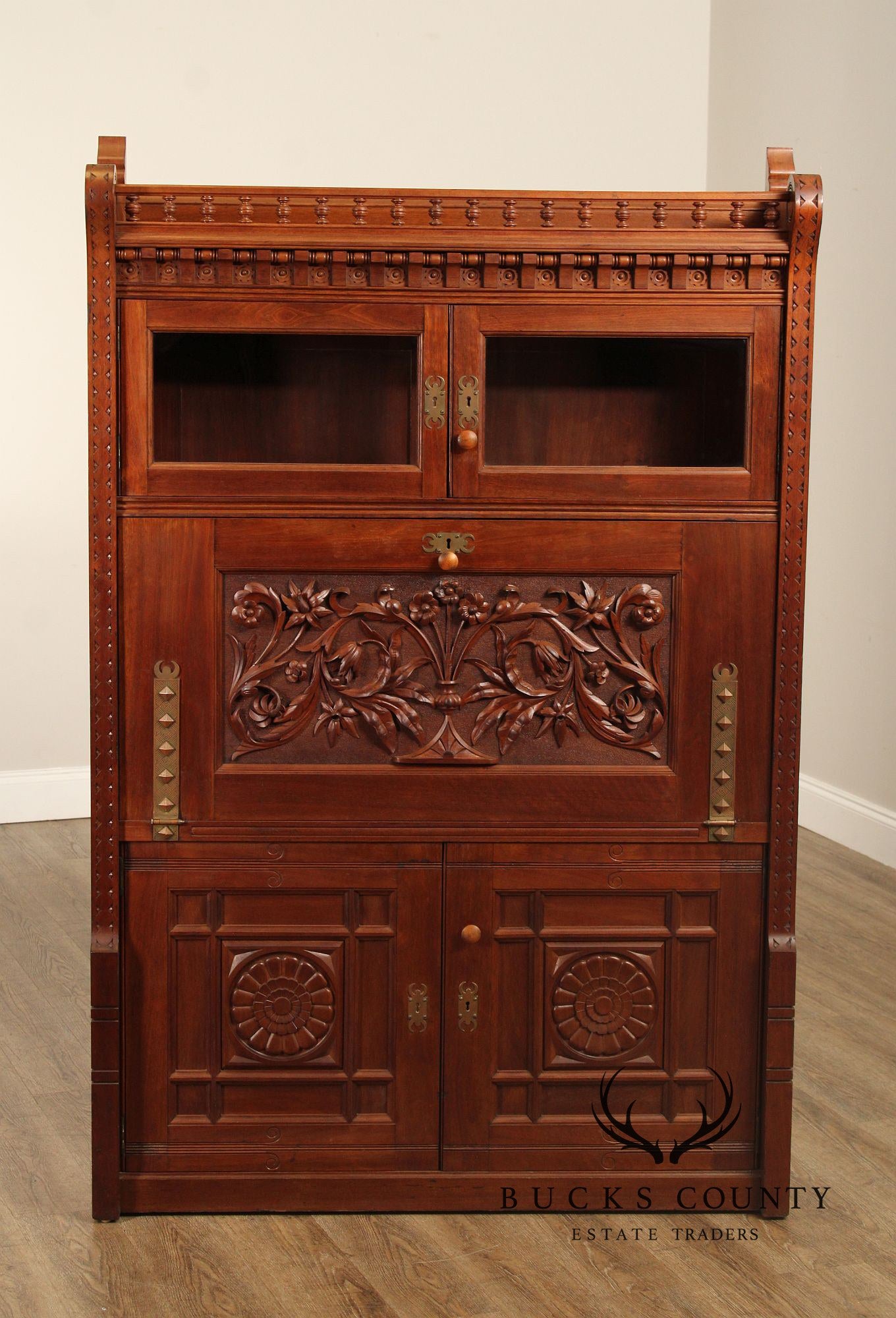 Antique Victorian Aesthetic Carved Walnut Drop Front Writing Desk