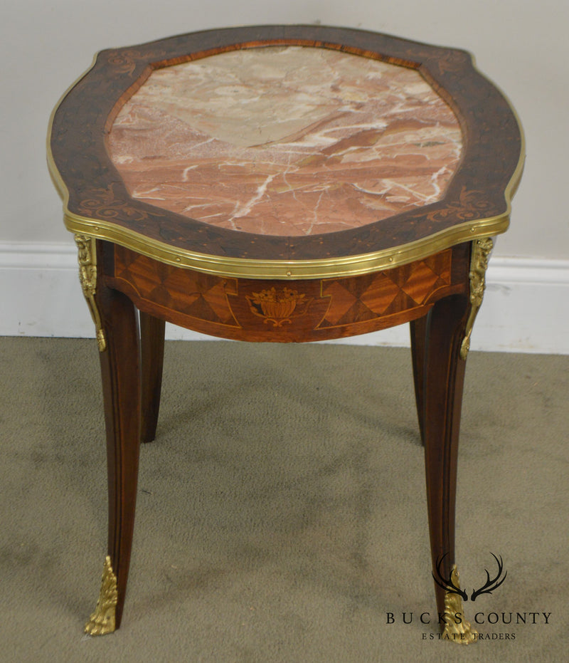 French Louis XV Style Antique Marquetry Inlaid Marble Top Coffee Table