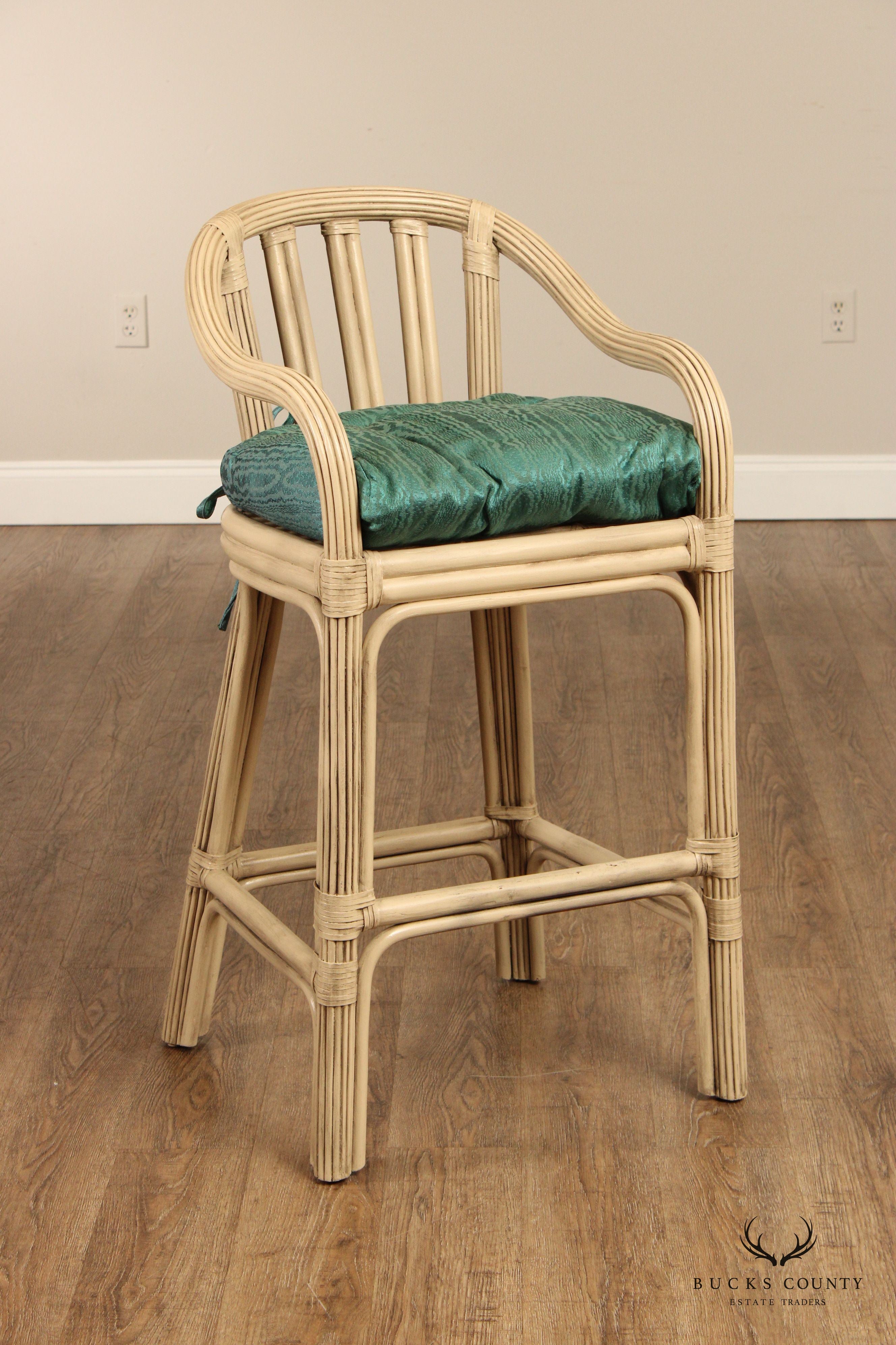 Hollywood Regency Style Pair of Rattan Bar Stools