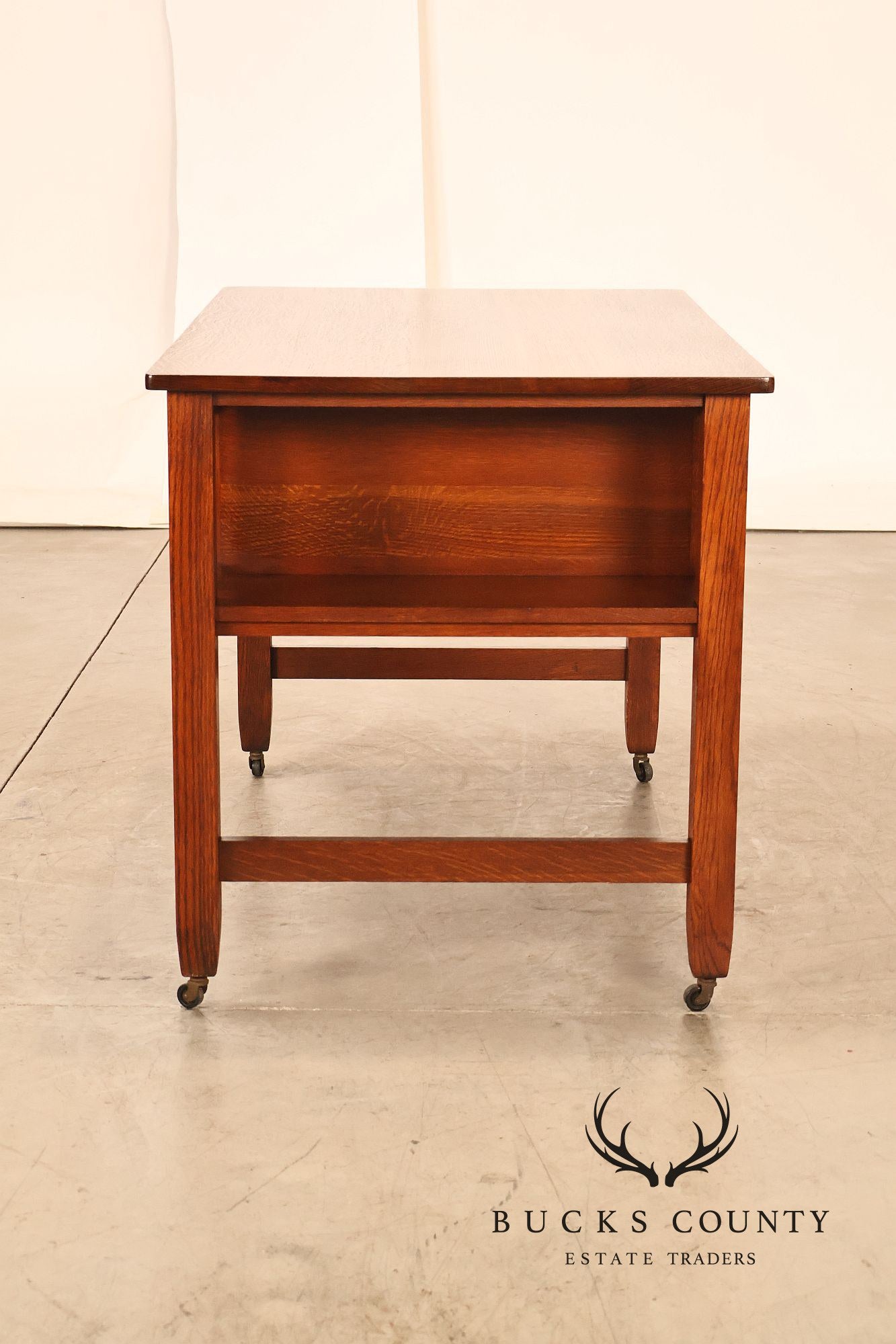 Antique Arts And Crafts Mission Oak Writing Desk With Built-In Side Bookcases
