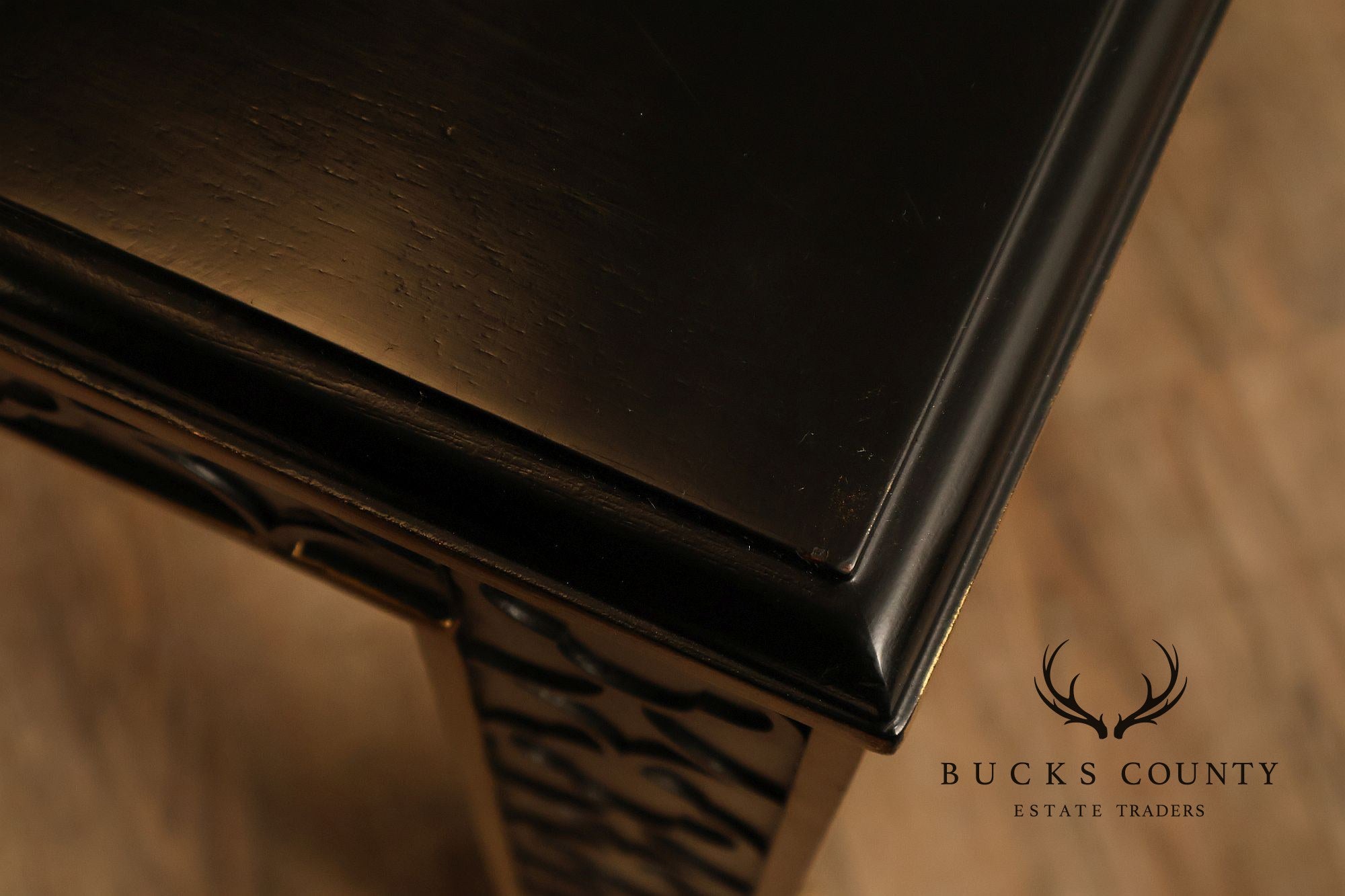 Chinese Chippendale Black Lacquered Dining Table With Two Leaves, Inset Glass