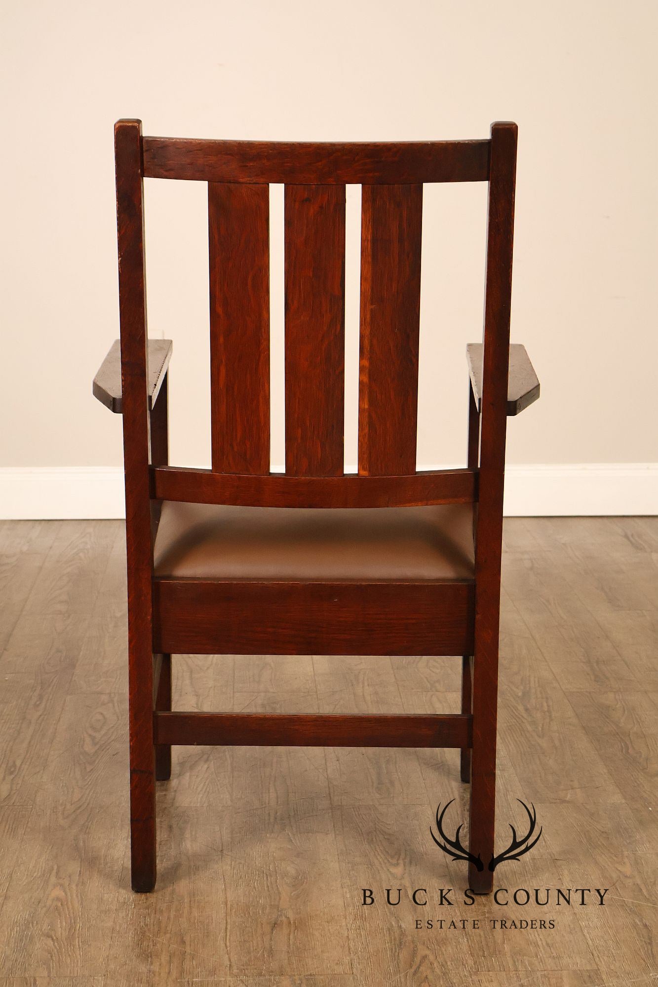 Antique  Gustav Stickley Harvey Ellis Arts And Crafts Mission Oak And Leather Armchair