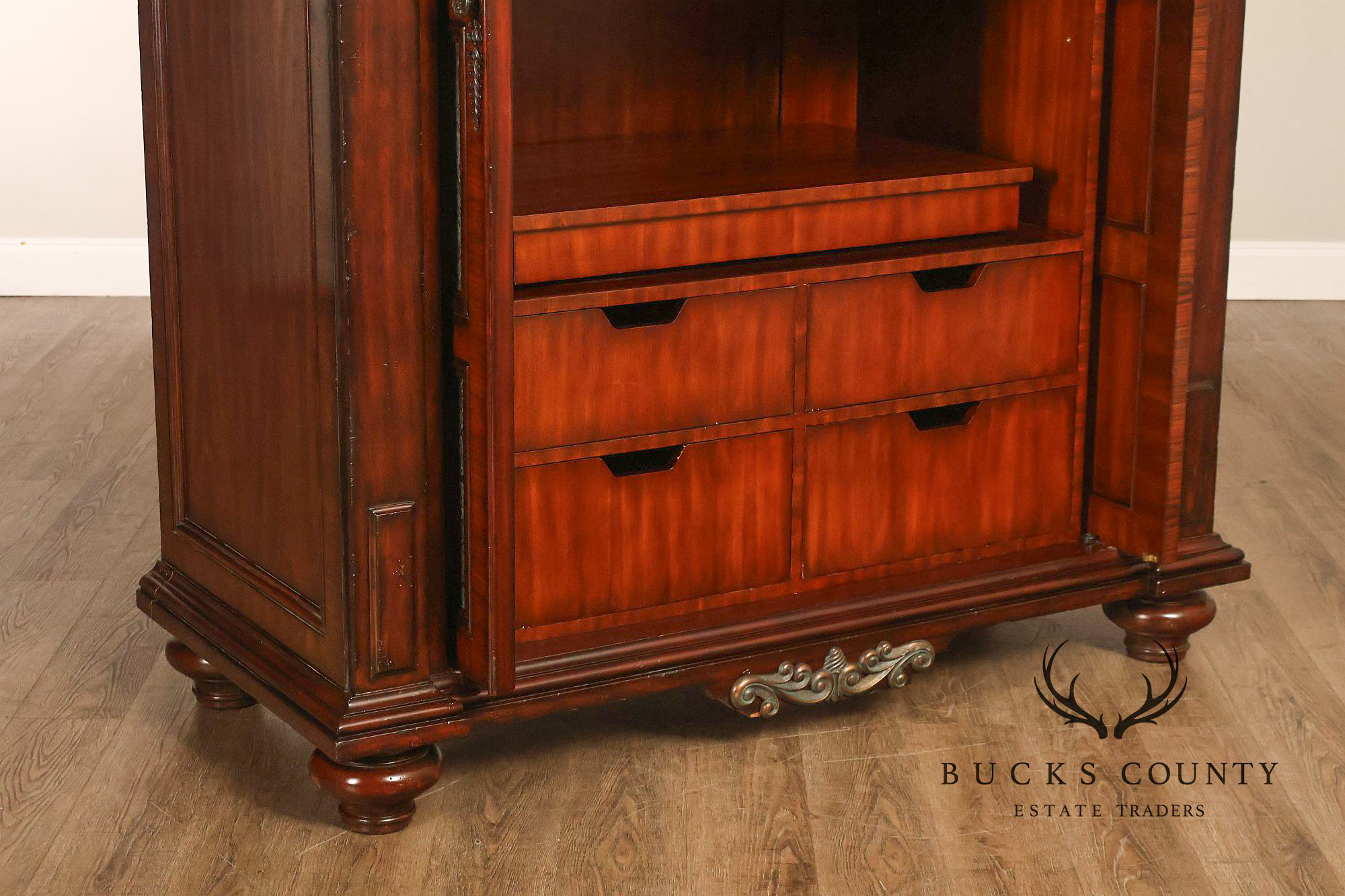 Maitland-Smith Large Mahogany Armoire Cabinet With Bronze Scrollwork Finials And Raised Panel Doors