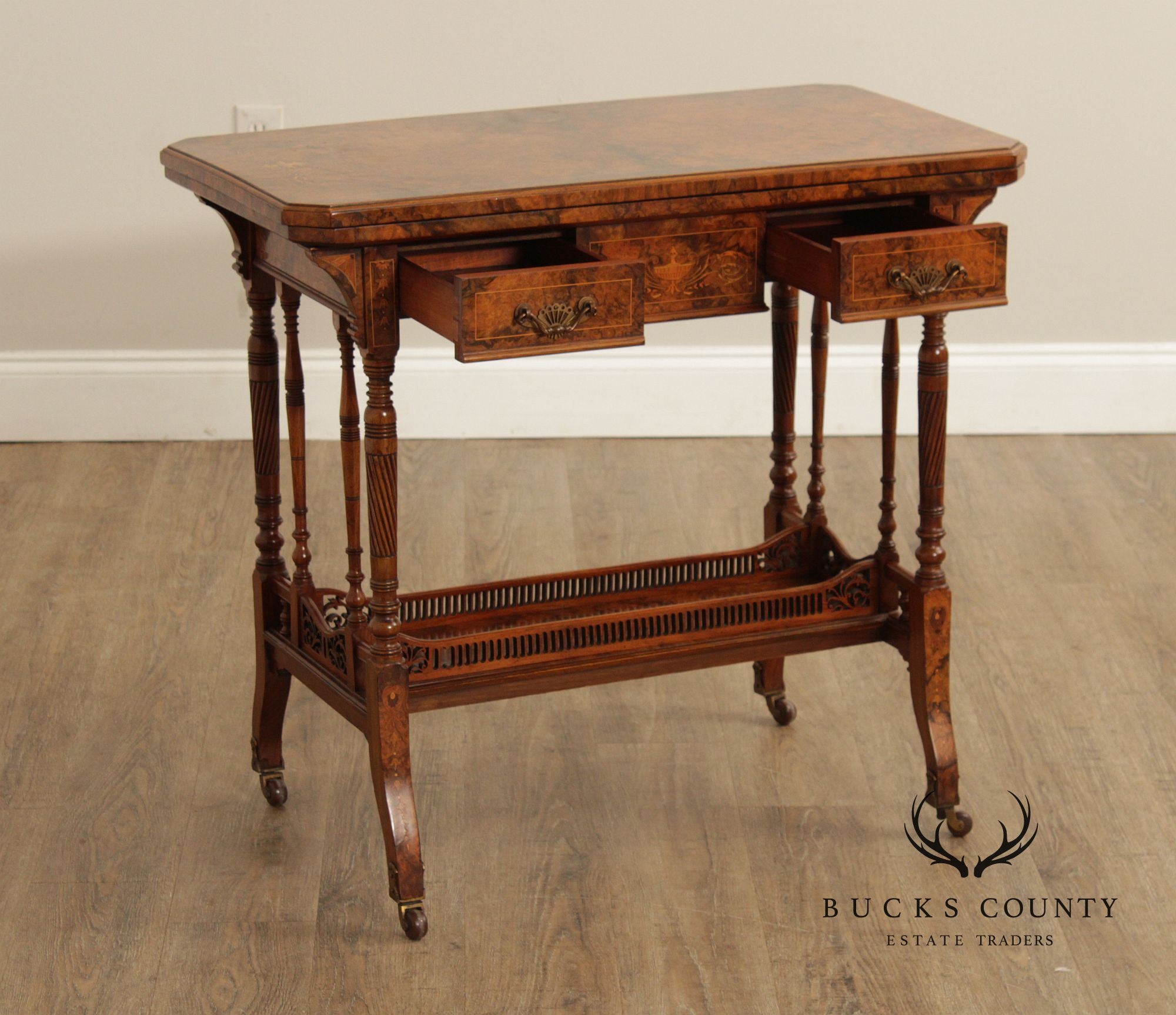 Antique English Burl Walnut Inlaid Games Table