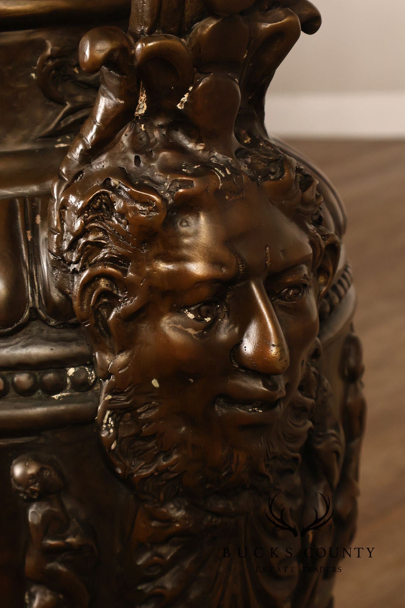 Neoclassical Style Large Pair Of Cast Bronze Covered Urns With Figural Relief