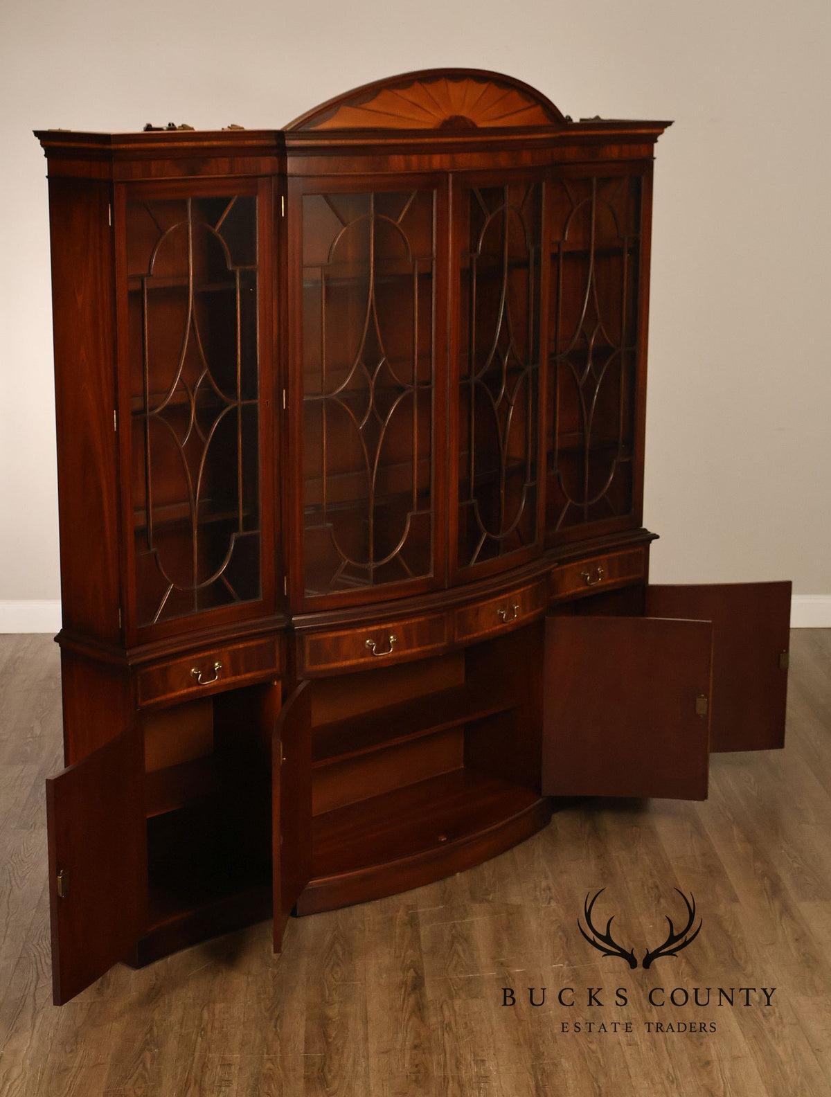 Bevan Funnell Reprodux English Georgian Style Inlaid Mahogany Breakfront