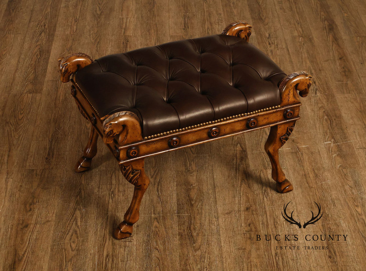 Theodore Alexander Regency Style Carved Horse Head Leather Bench