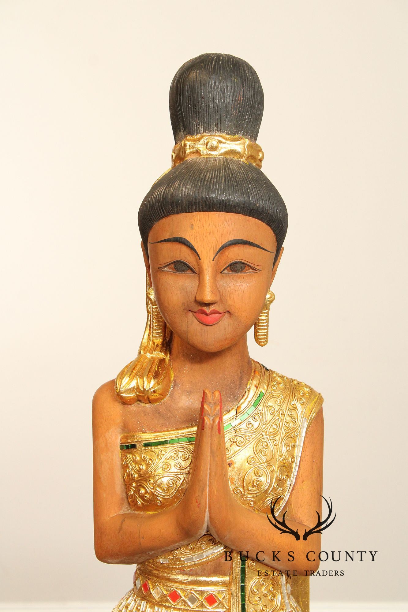 Thai Style Pair of 'Sawasdee' Carved Lady Statues