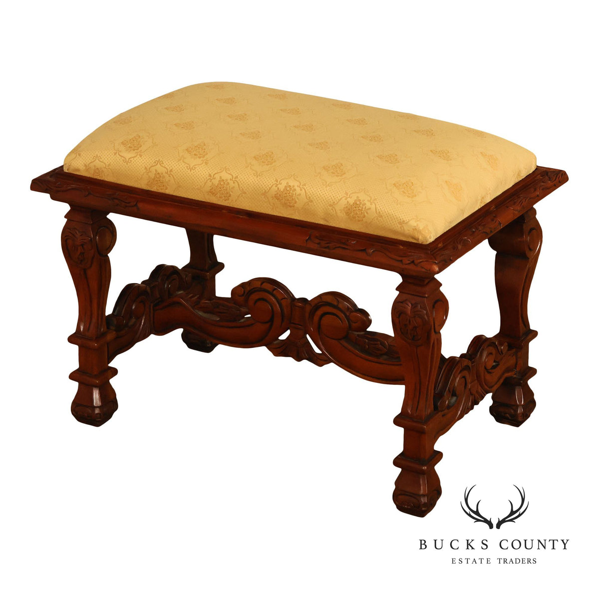 Victorian Style Carved Wood Upholstered Bench