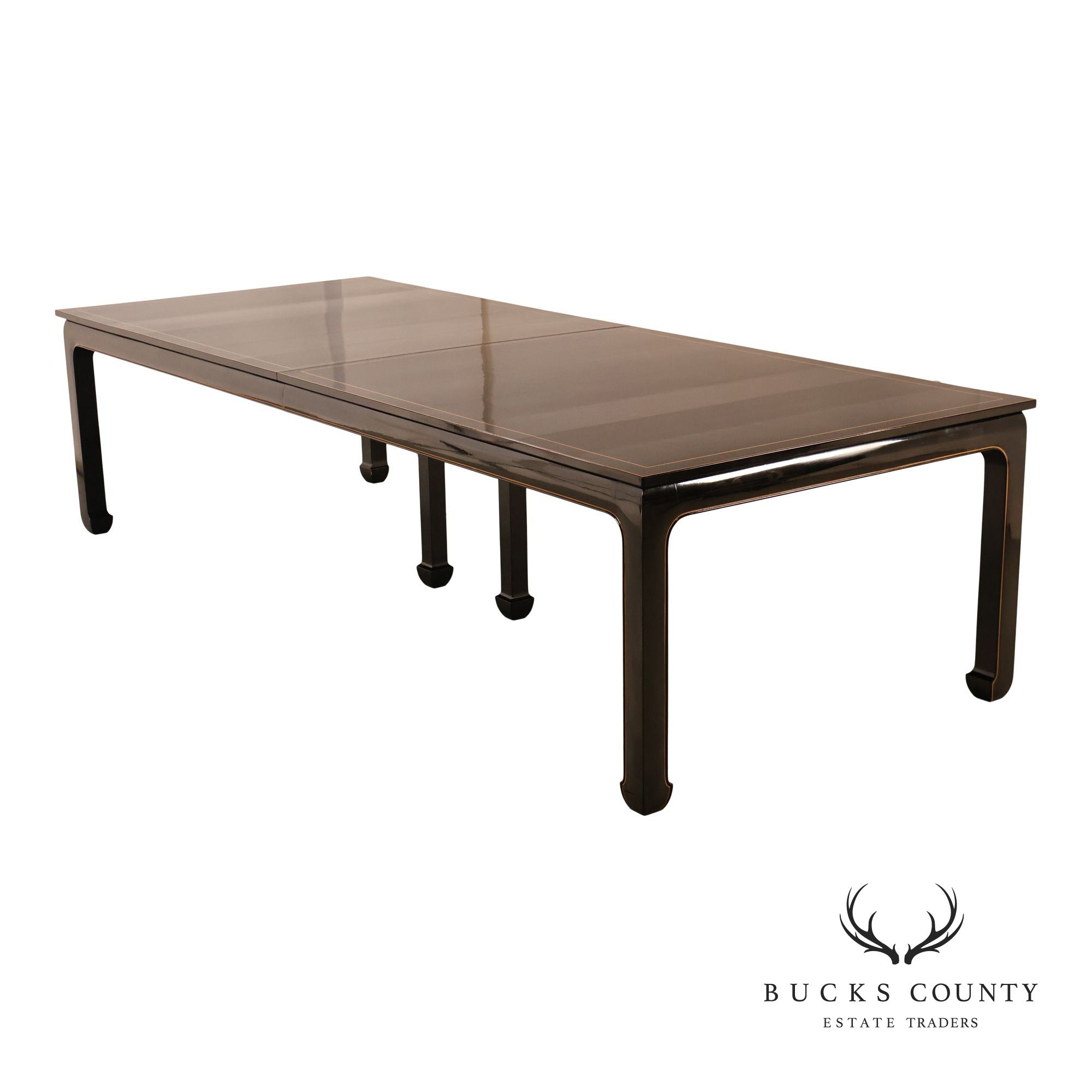 Custom Black Lacquered 12 Foot Extendable Dining Table With Gold Line Inlay