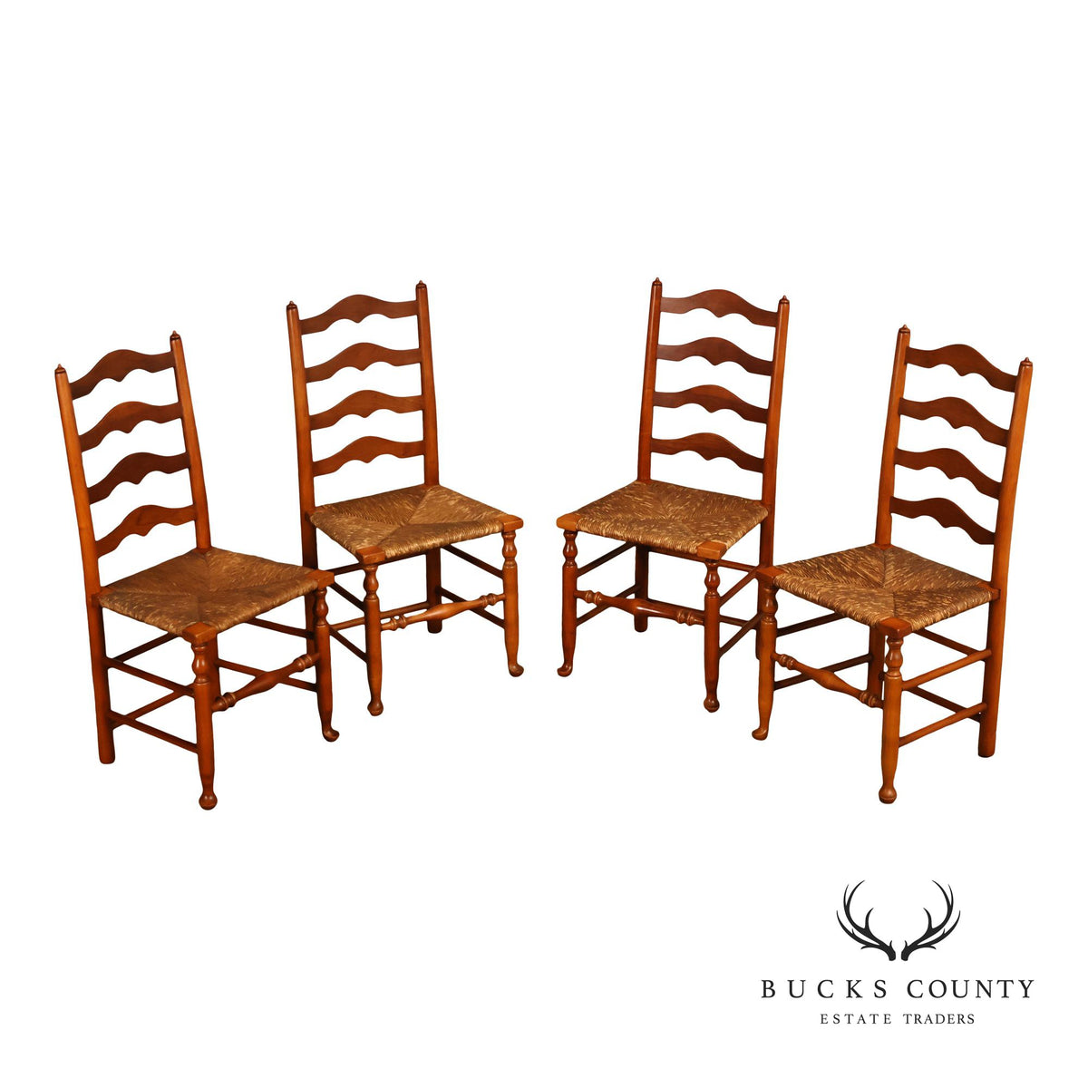 Stickley Set Of Four Cherry Ladder Back Dining Chairs With Rush Seats
