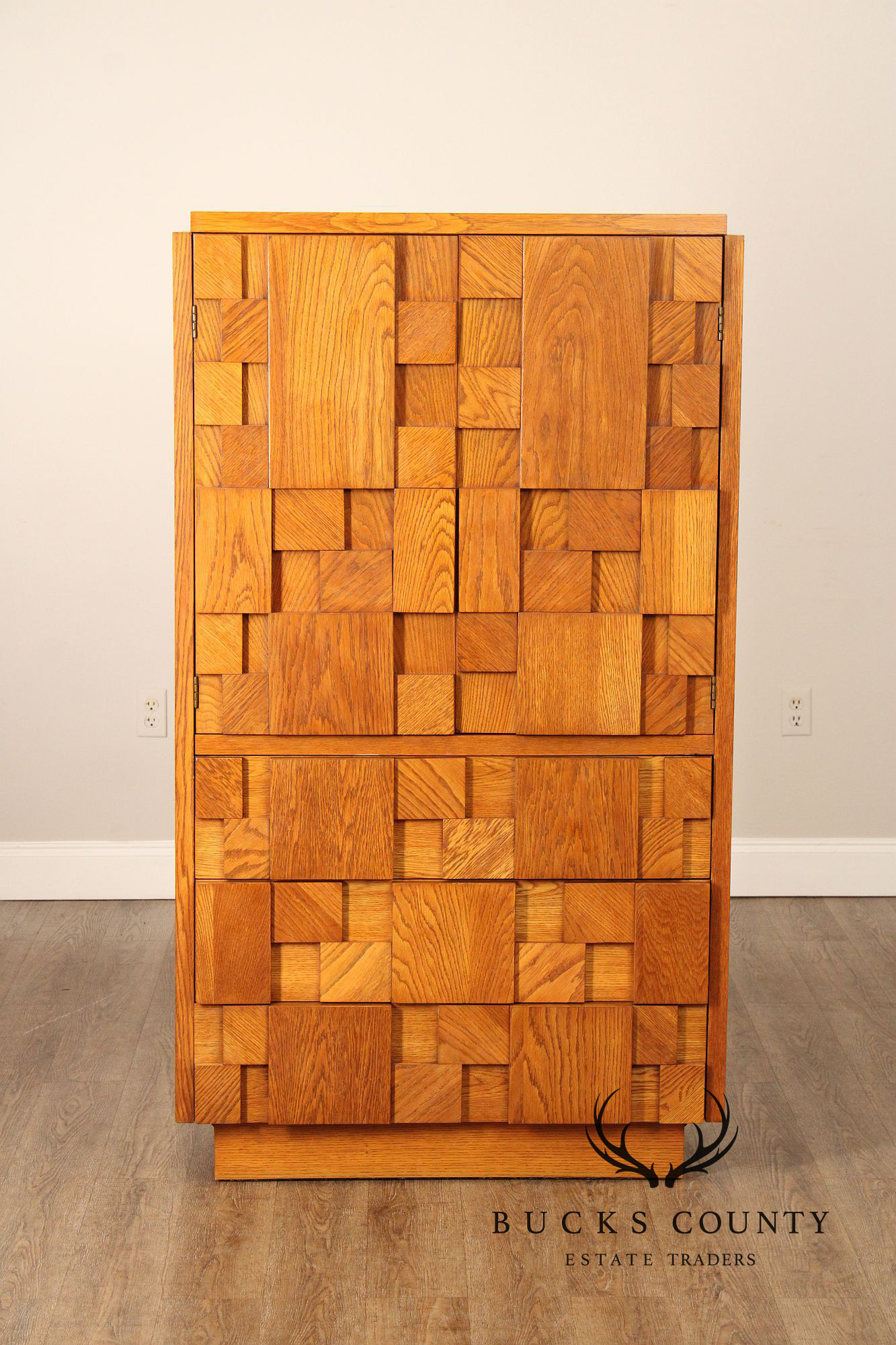 Lane Mid Century Modern Brutalist Oak Armoire